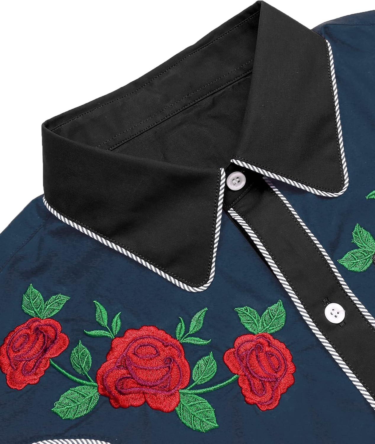 imageCOOFANDY Mens Western Cowboy Shirt Long Sleeve Slim Fit Rose Embroidered Cotton Casual Button Down ShirtsBlack Retro Rose