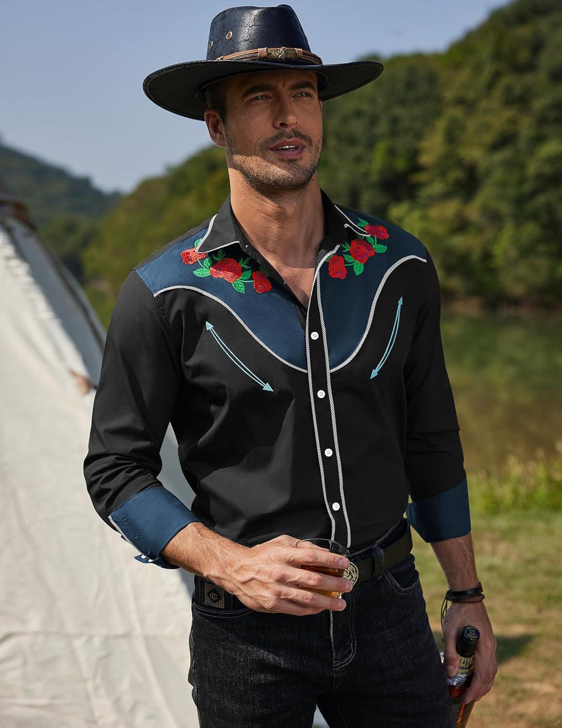 imageCOOFANDY Mens Western Cowboy Shirt Long Sleeve Slim Fit Rose Embroidered Cotton Casual Button Down ShirtsBlack Retro Rose
