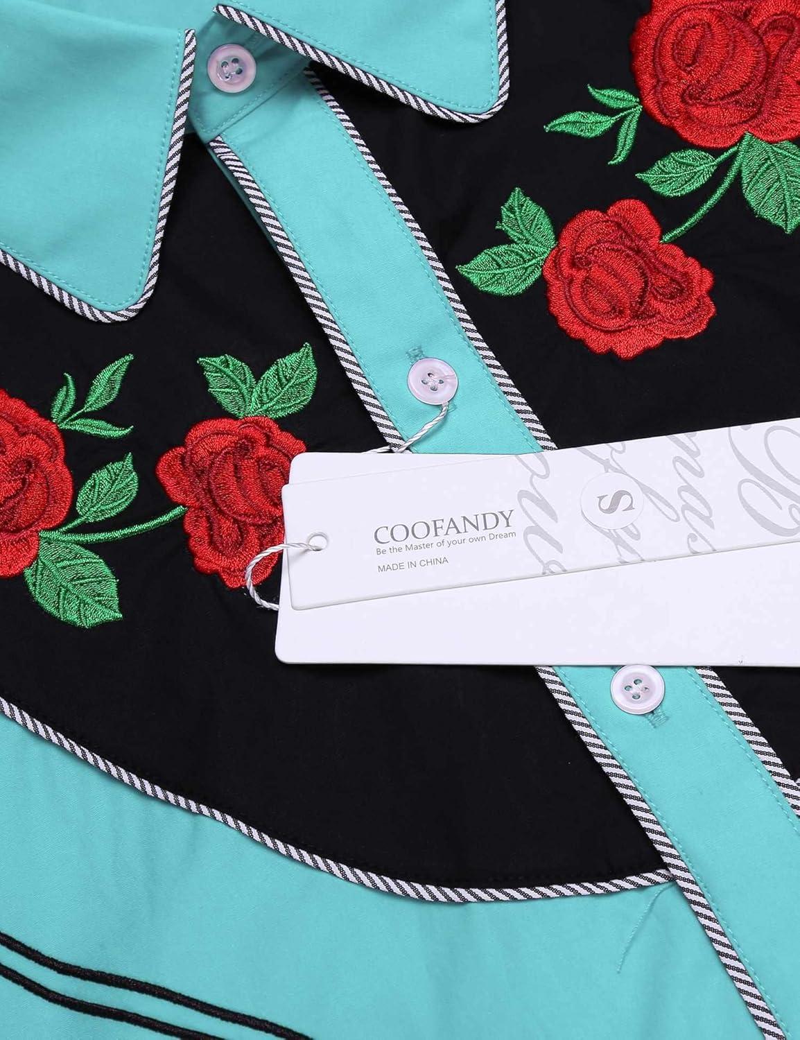 imageCOOFANDY Mens Western Cowboy Shirt Long Sleeve Slim Fit Rose Embroidered Cotton Casual Button Down ShirtsBlue Retro Rose