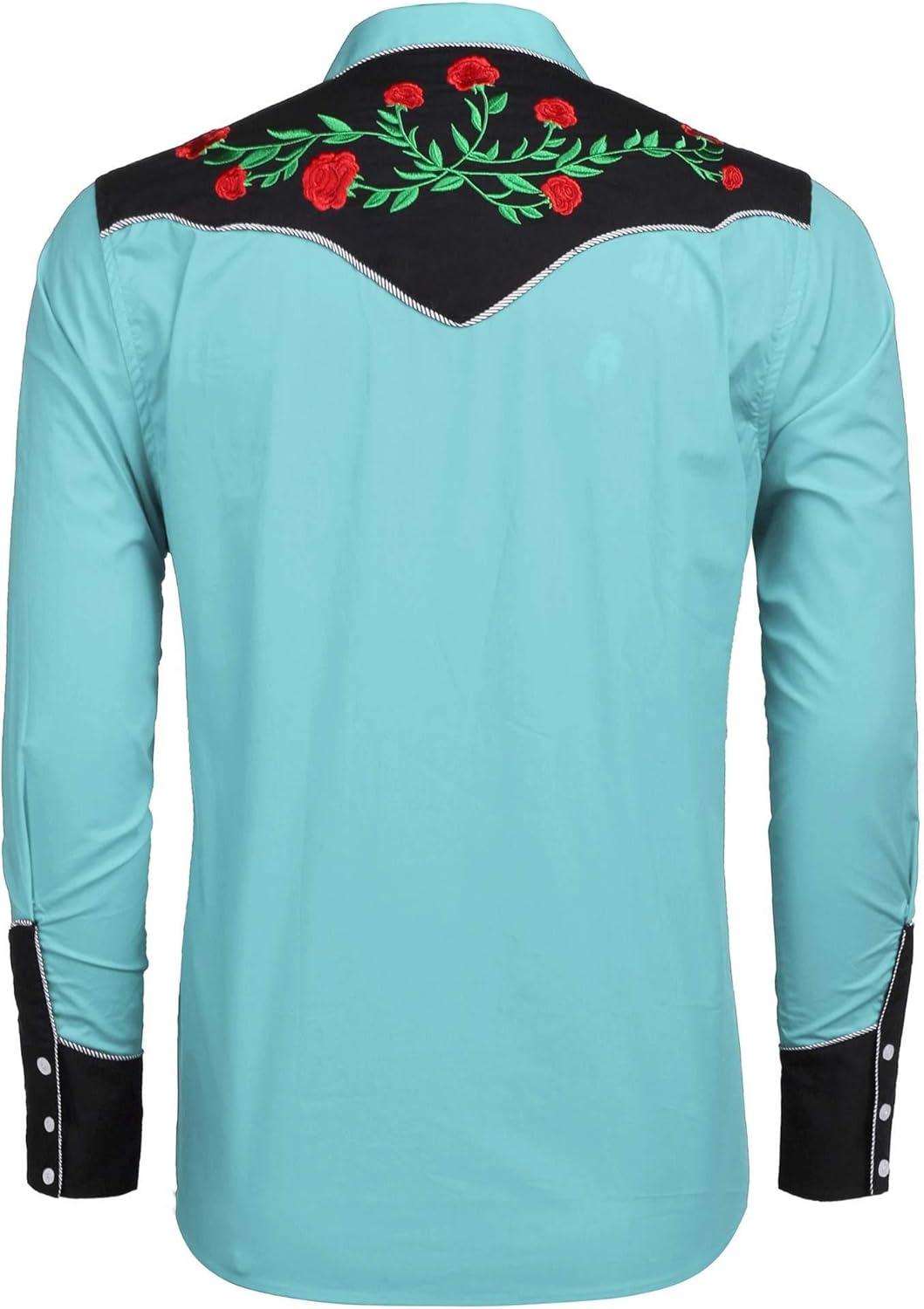 imageCOOFANDY Mens Western Cowboy Shirt Long Sleeve Slim Fit Rose Embroidered Cotton Casual Button Down ShirtsBlue Retro Rose