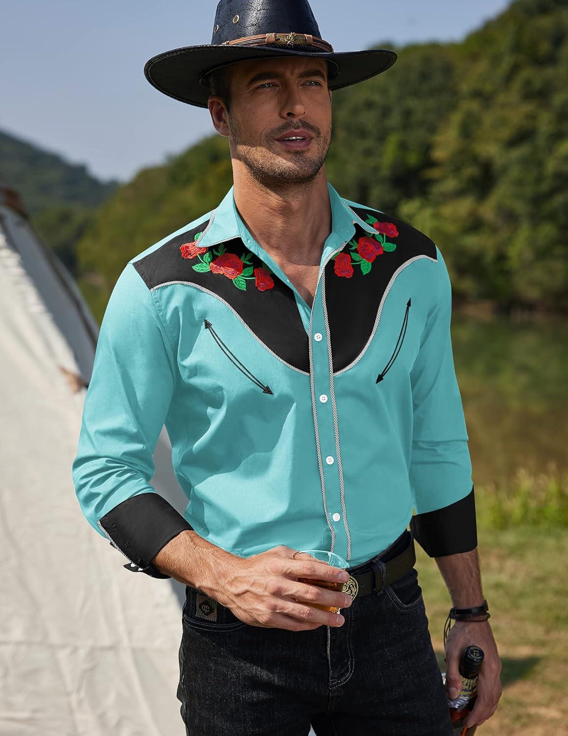 imageCOOFANDY Mens Western Cowboy Shirt Long Sleeve Slim Fit Rose Embroidered Cotton Casual Button Down ShirtsBlue Retro Rose