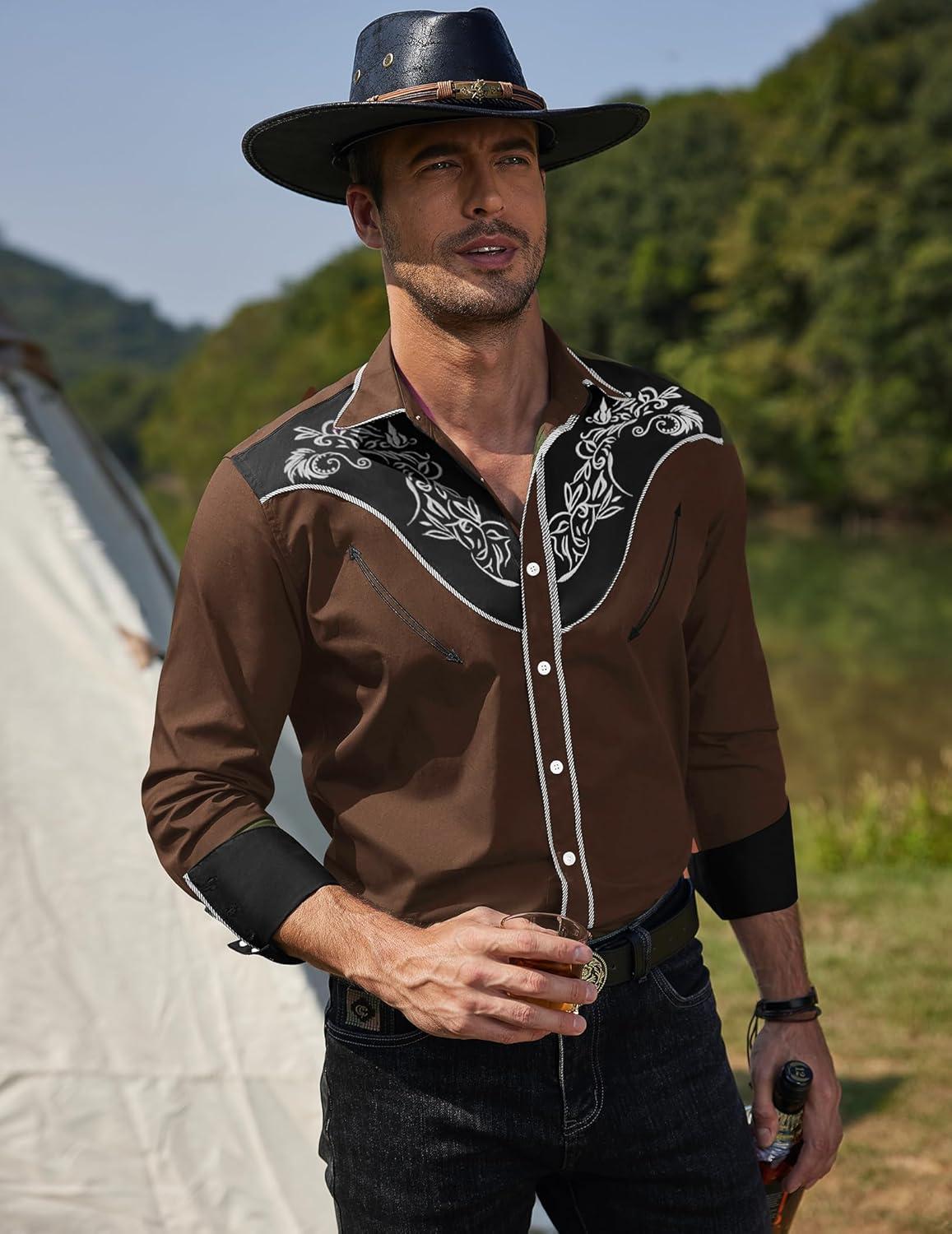 imageCOOFANDY Mens Western Cowboy Shirt Long Sleeve Slim Fit Rose Embroidered Cotton Casual Button Down ShirtsBrown