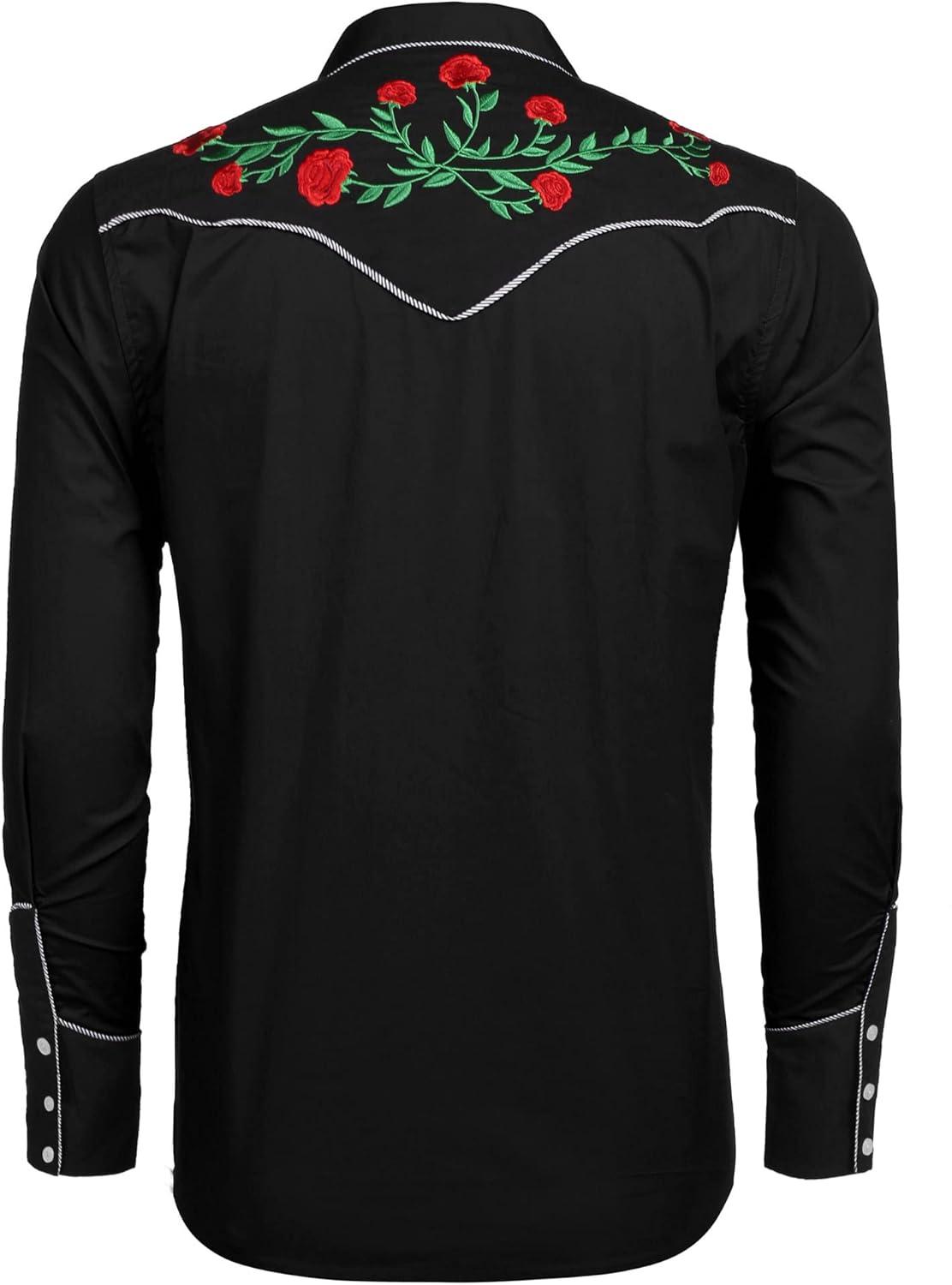 imageCOOFANDY Mens Western Cowboy Shirt Long Sleeve Slim Fit Rose Embroidered Cotton Casual Button Down ShirtsPure Black Retro Rose