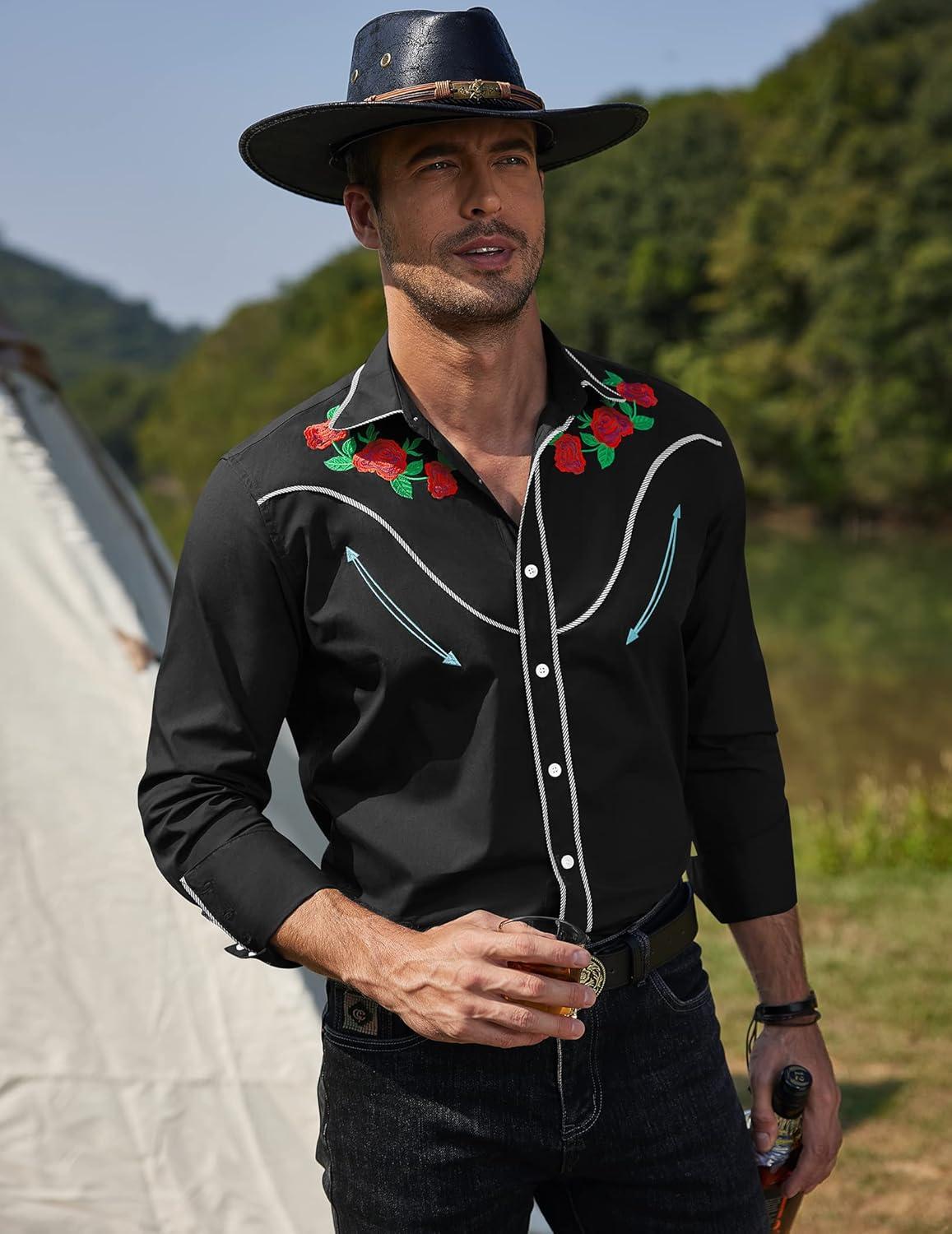 imageCOOFANDY Mens Western Cowboy Shirt Long Sleeve Slim Fit Rose Embroidered Cotton Casual Button Down ShirtsPure Black Retro Rose