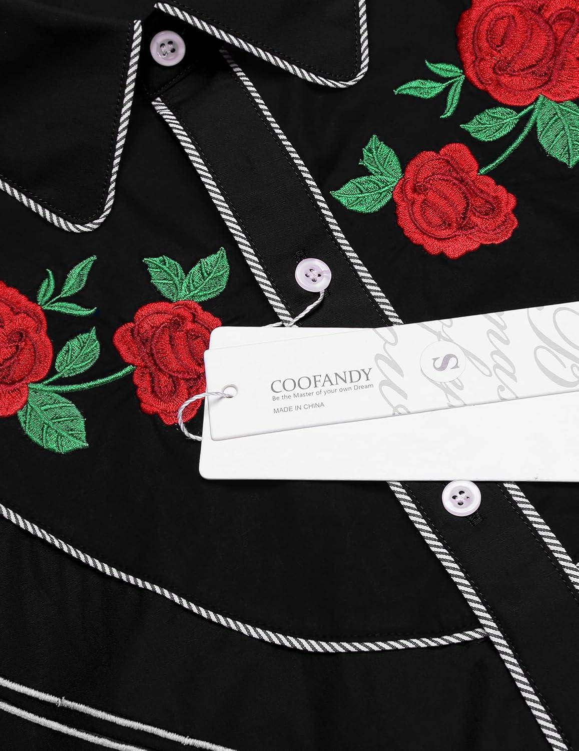 imageCOOFANDY Mens Western Cowboy Shirt Long Sleeve Slim Fit Rose Embroidered Cotton Casual Button Down ShirtsPure Black Retro Rose