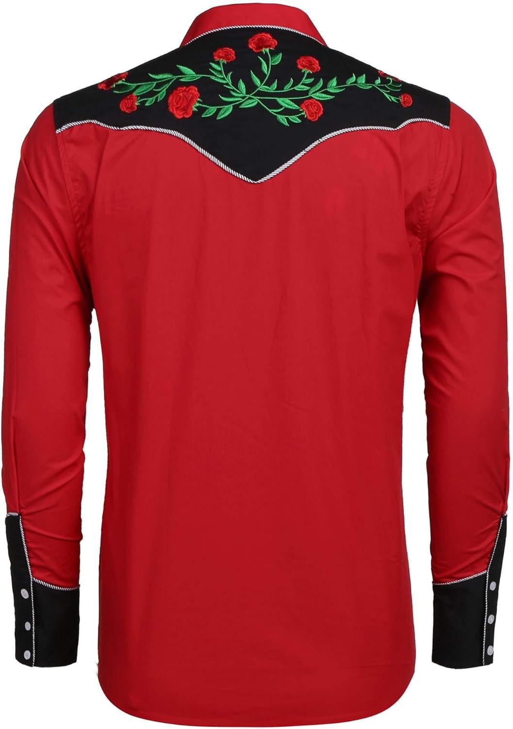 imageCOOFANDY Mens Western Cowboy Shirt Long Sleeve Slim Fit Rose Embroidered Cotton Casual Button Down ShirtsRed Retro Rose