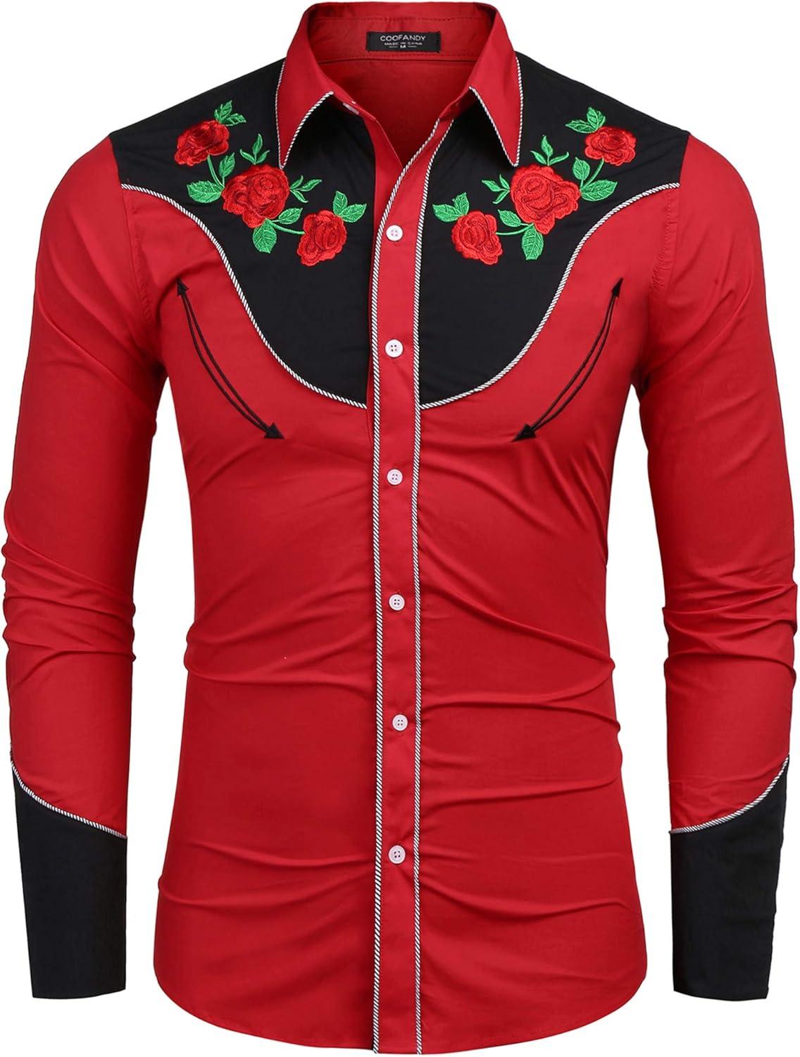 imageCOOFANDY Mens Western Cowboy Shirt Long Sleeve Slim Fit Rose Embroidered Cotton Casual Button Down ShirtsRed Retro Rose