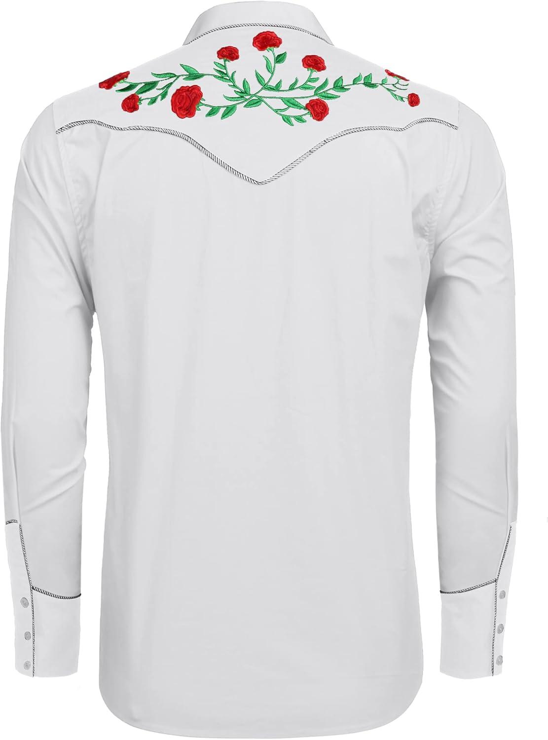 imageCOOFANDY Mens Western Cowboy Shirt Long Sleeve Slim Fit Rose Embroidered Cotton Casual Button Down ShirtsWhite Retro Rose
