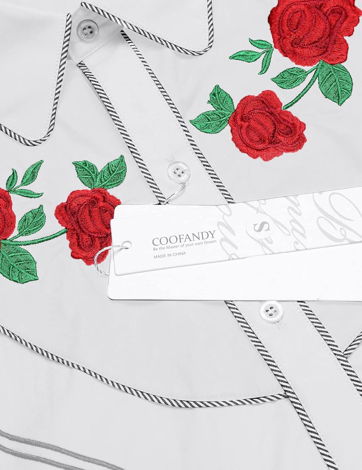 imageCOOFANDY Mens Western Cowboy Shirt Long Sleeve Slim Fit Rose Embroidered Cotton Casual Button Down ShirtsWhite Retro Rose