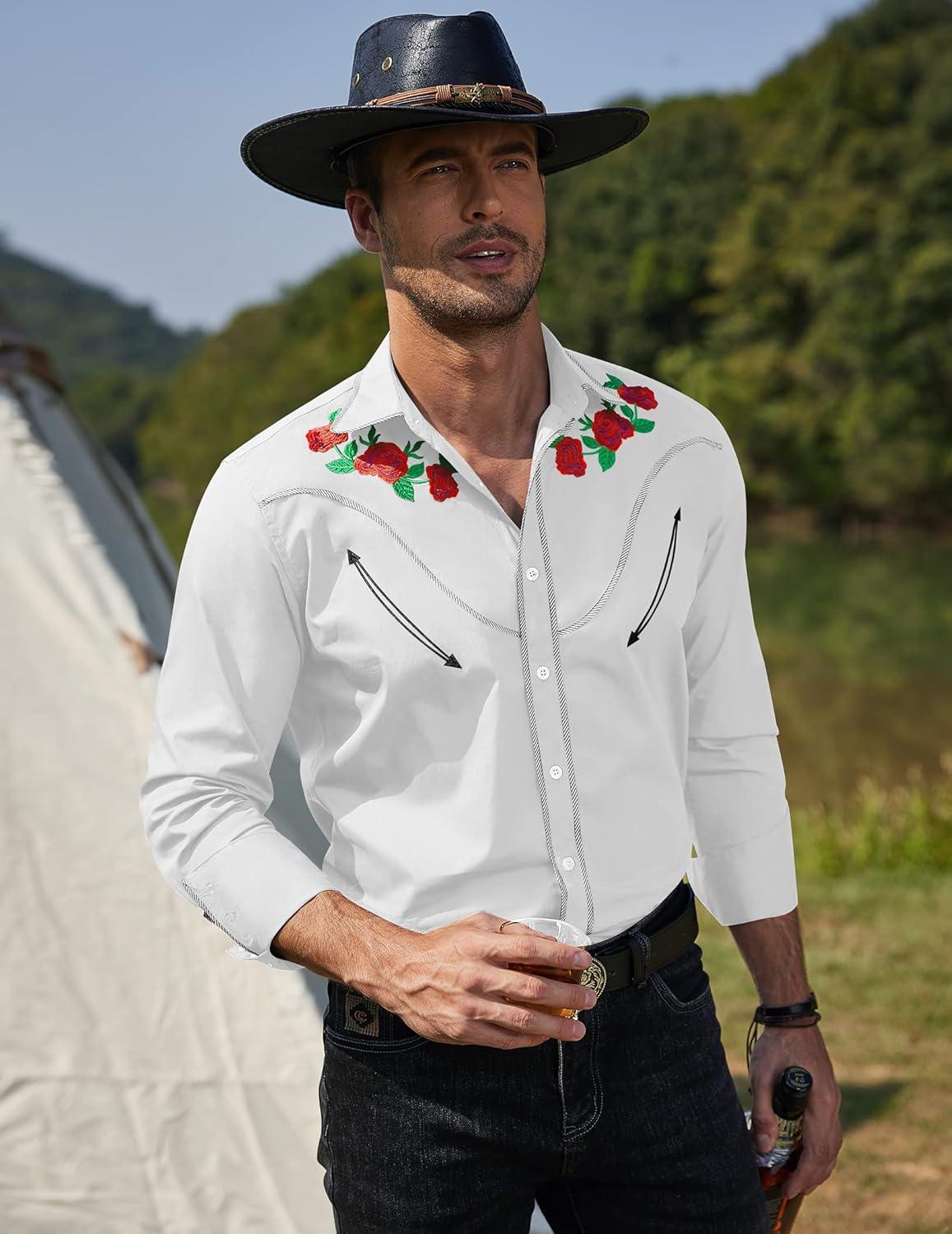 imageCOOFANDY Mens Western Cowboy Shirt Long Sleeve Slim Fit Rose Embroidered Cotton Casual Button Down ShirtsWhite Retro Rose