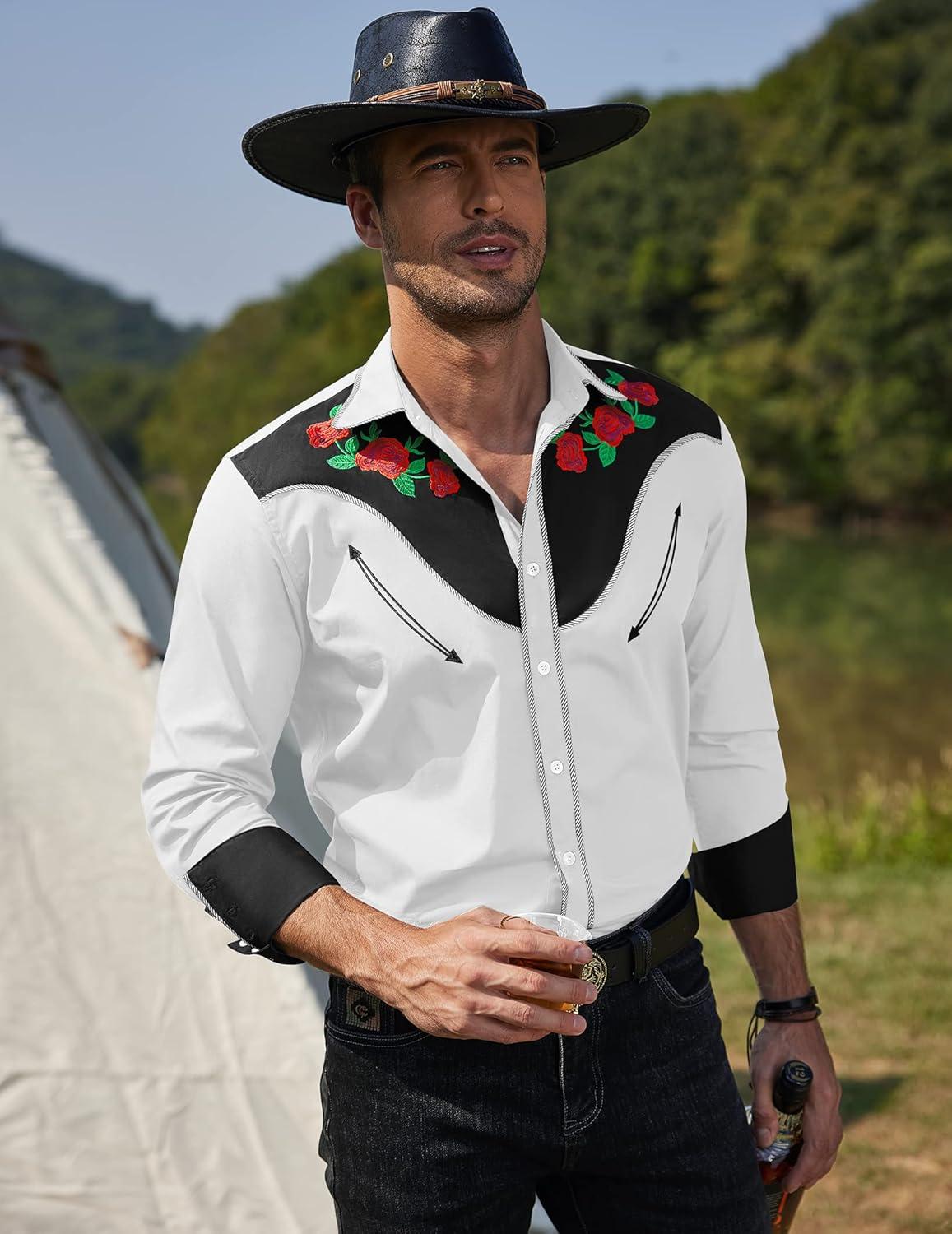 imageCOOFANDY Mens Western Cowboy Shirt Long Sleeve Slim Fit Rose Embroidered Cotton Casual Button Down ShirtsWhite and Black Retro Rose