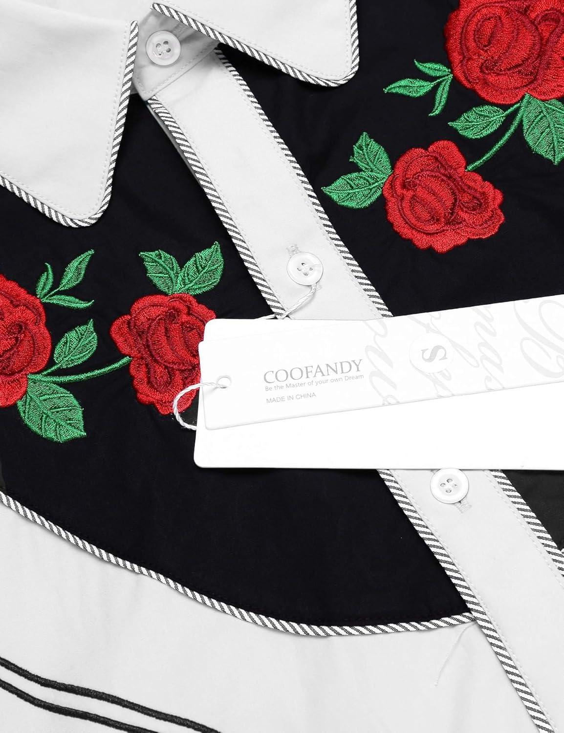 imageCOOFANDY Mens Western Cowboy Shirt Long Sleeve Slim Fit Rose Embroidered Cotton Casual Button Down ShirtsWhite and Black Retro Rose