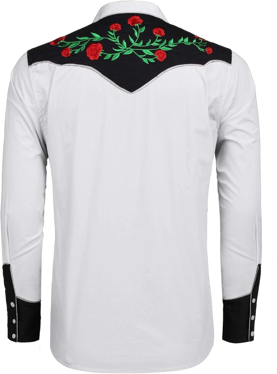 imageCOOFANDY Mens Western Cowboy Shirt Long Sleeve Slim Fit Rose Embroidered Cotton Casual Button Down ShirtsWhite and Black Retro Rose