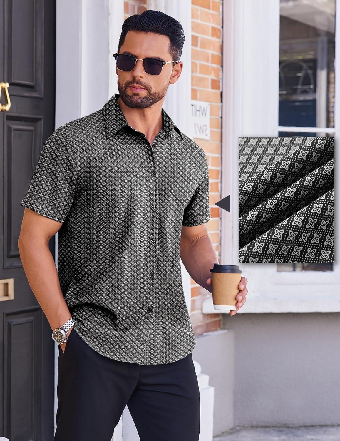 imageCOOFANDY Mens Wrinkle Free Dress Shirt Polka Dot Short Sleeve Button Down Business Casual ShirtsBlack Greysquare