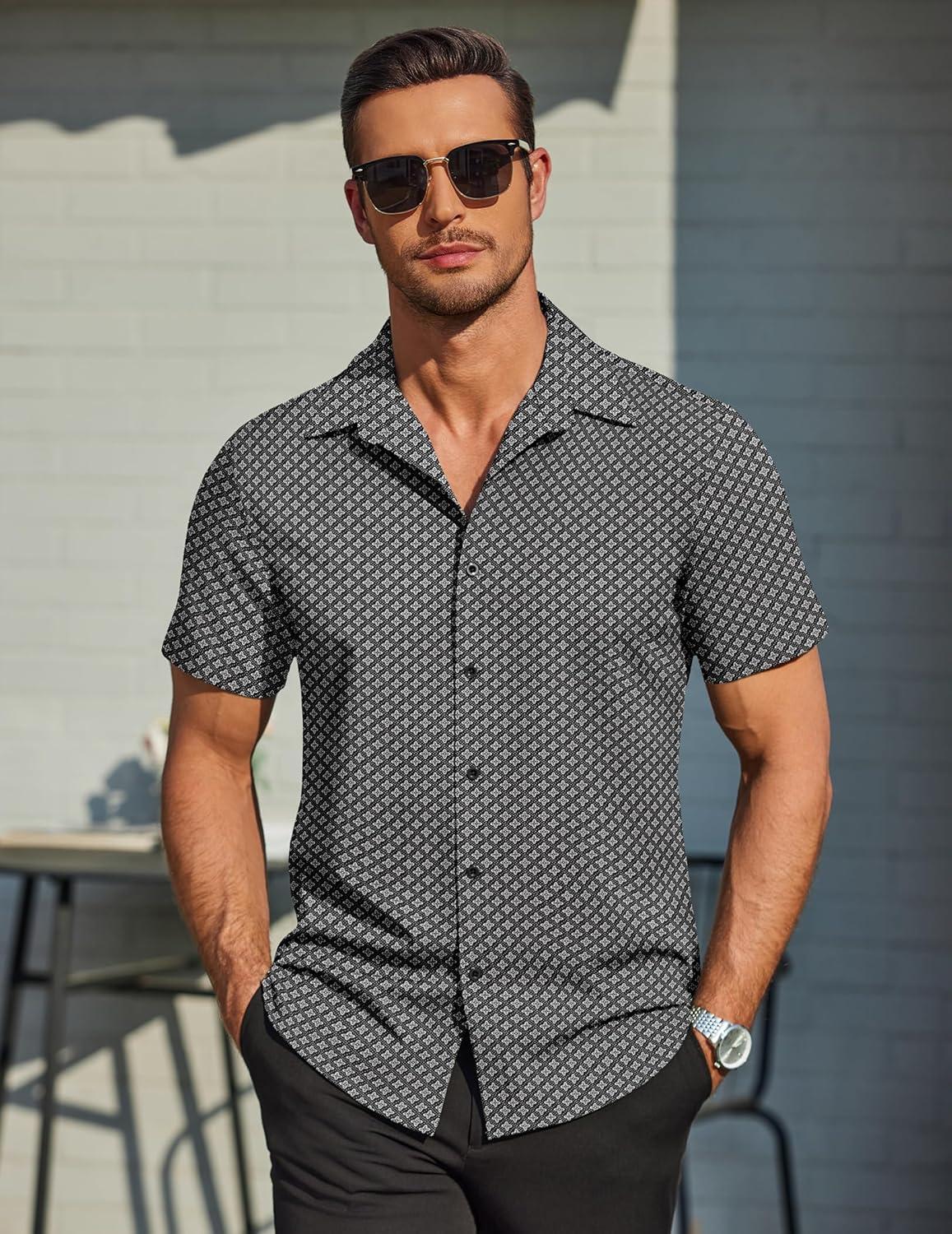 imageCOOFANDY Mens Wrinkle Free Dress Shirt Polka Dot Short Sleeve Button Down Business Casual ShirtsBlack Greysquare