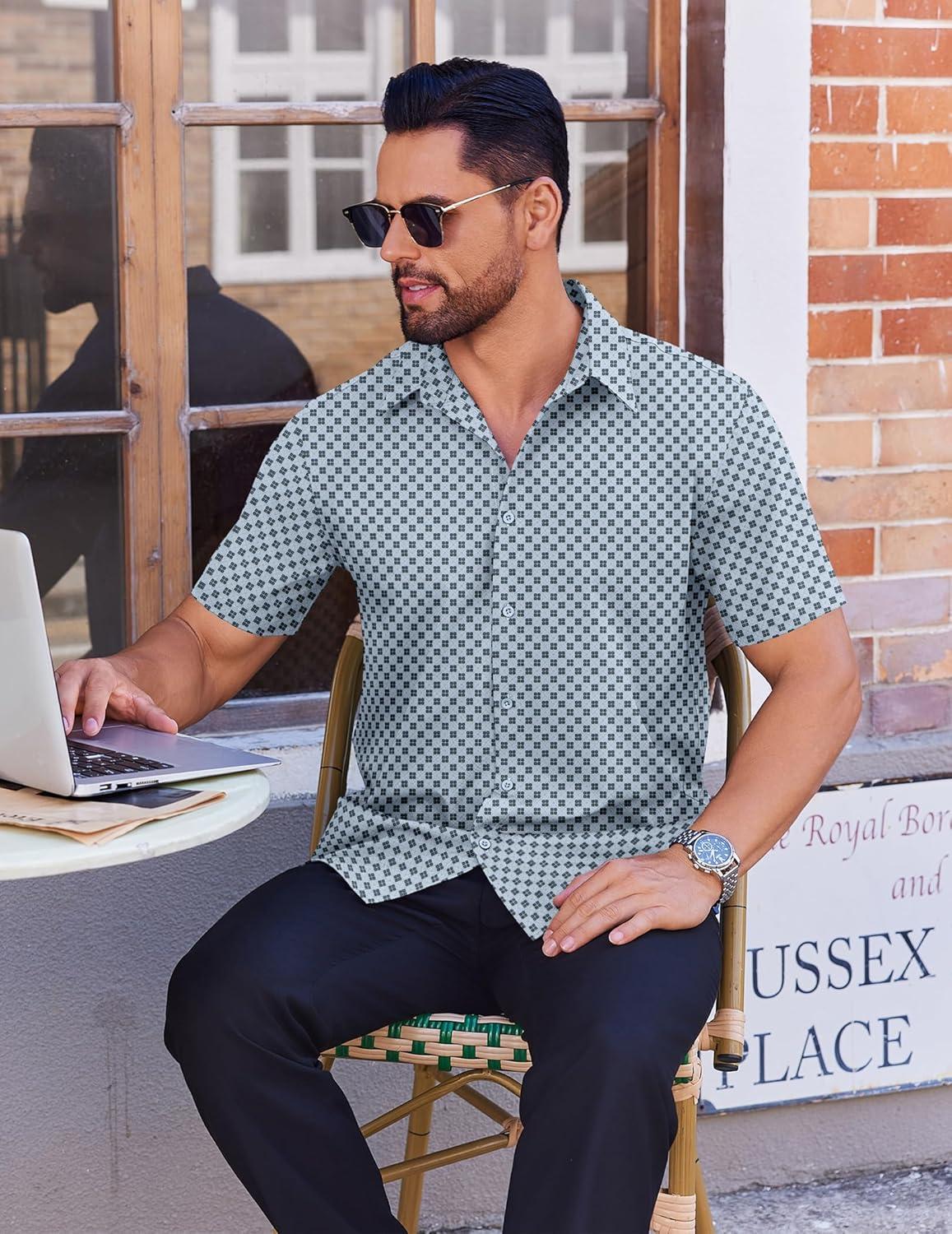 imageCOOFANDY Mens Wrinkle Free Dress Shirt Polka Dot Short Sleeve Button Down Business Casual ShirtsLight Bluerhombus