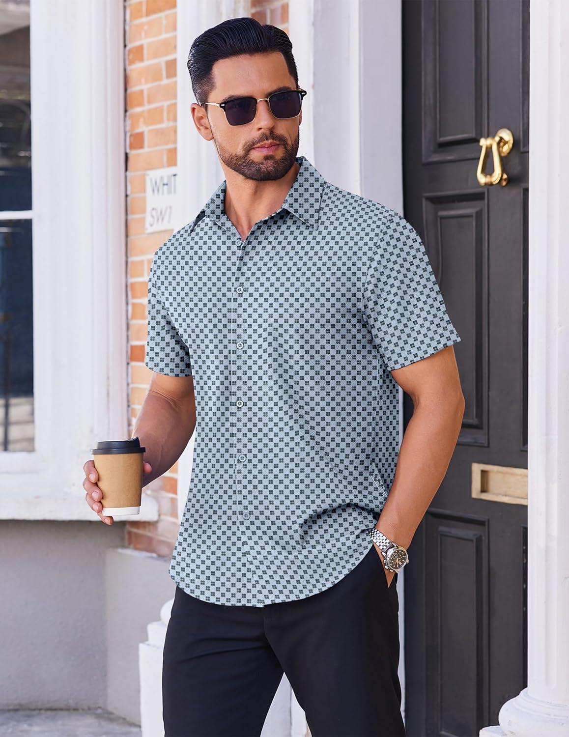 imageCOOFANDY Mens Wrinkle Free Dress Shirt Polka Dot Short Sleeve Button Down Business Casual ShirtsLight Bluerhombus