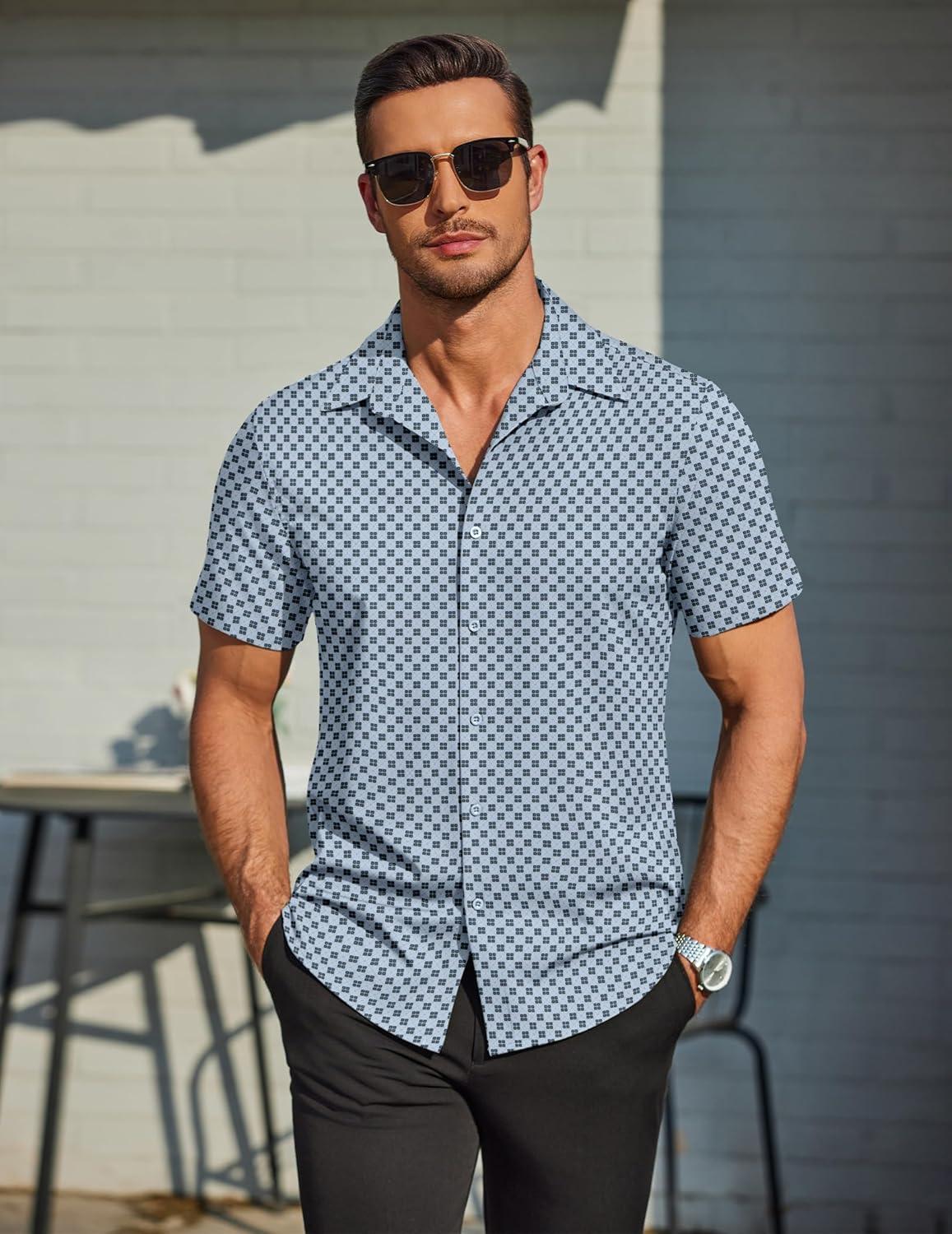 imageCOOFANDY Mens Wrinkle Free Dress Shirt Polka Dot Short Sleeve Button Down Business Casual ShirtsLight Bluerhombus