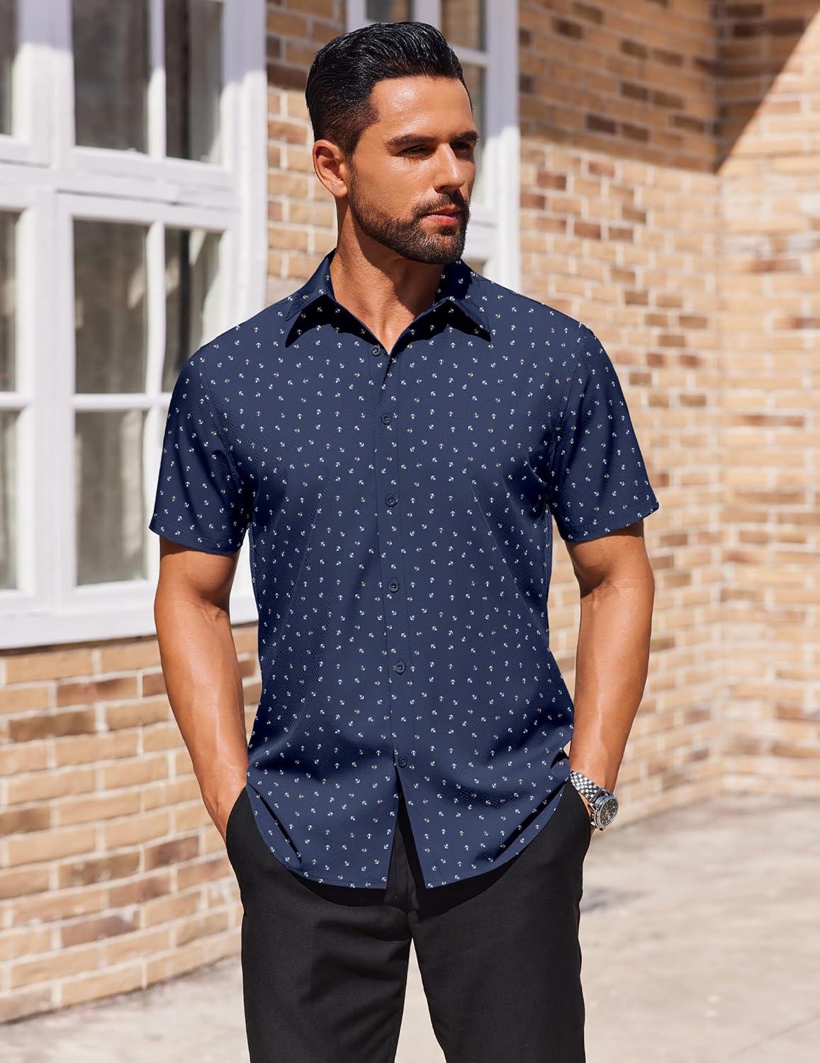 imageCOOFANDY Mens Wrinkle Free Dress Shirt Polka Dot Short Sleeve Button Down Business Casual ShirtsNavy Blueanchor