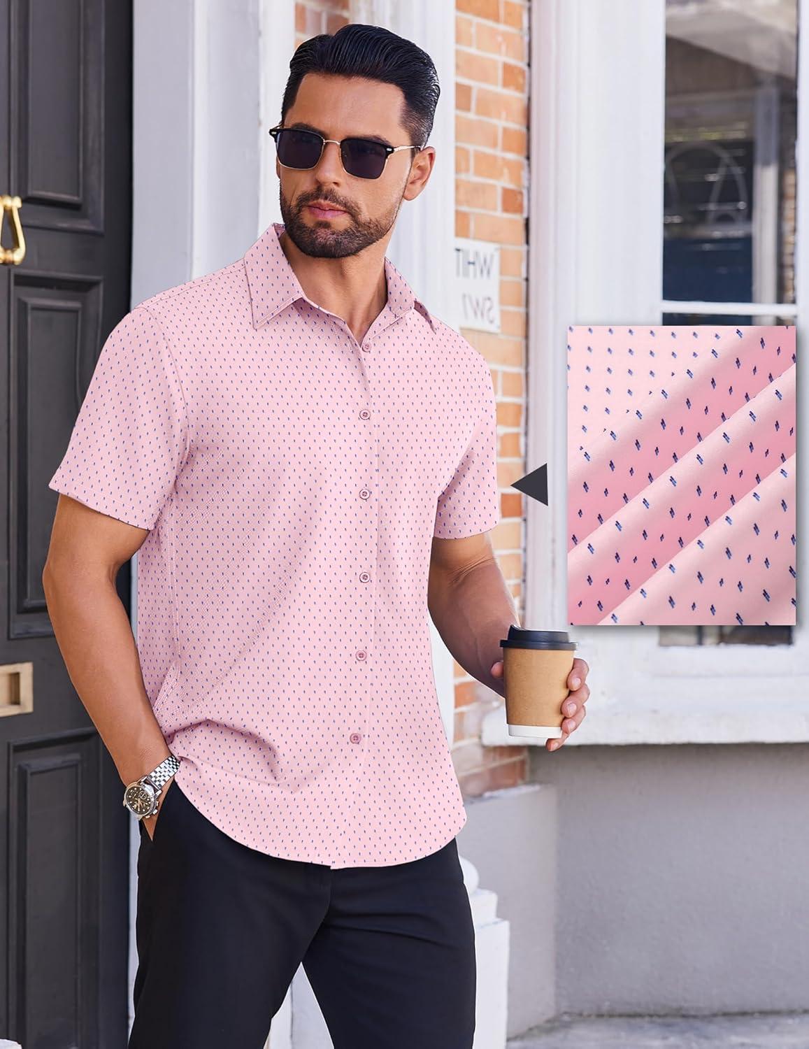 imageCOOFANDY Mens Wrinkle Free Dress Shirt Polka Dot Short Sleeve Button Down Business Casual ShirtsPinksymbol