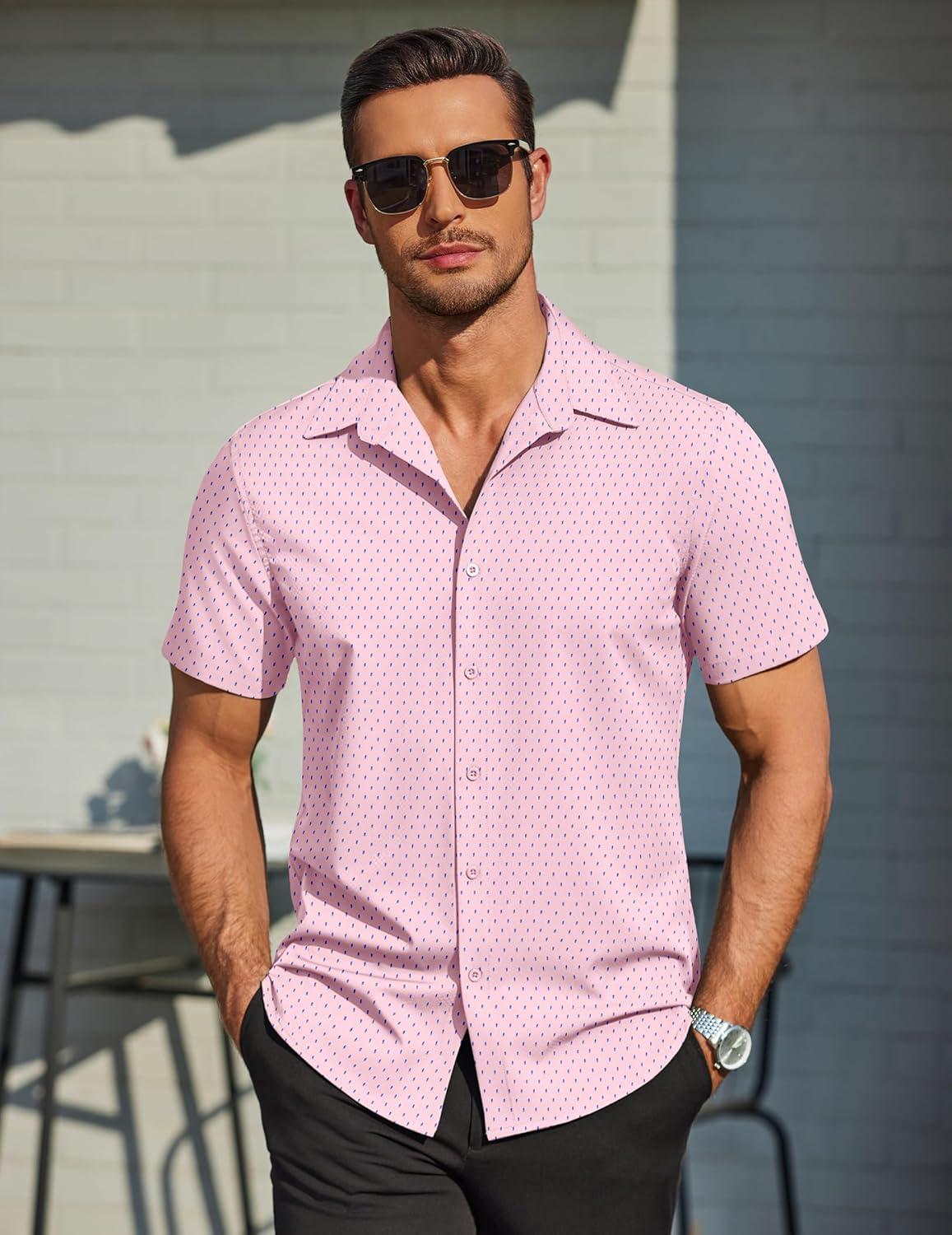 imageCOOFANDY Mens Wrinkle Free Dress Shirt Polka Dot Short Sleeve Button Down Business Casual ShirtsPinksymbol