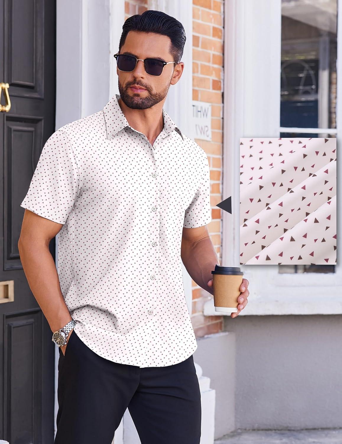 imageCOOFANDY Mens Wrinkle Free Dress Shirt Polka Dot Short Sleeve Button Down Business Casual ShirtsWhitetriangle