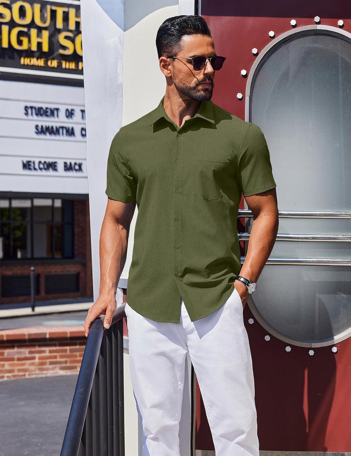 imageCOOFANDY Mens Wrinkle Free Shirts 2025 Short Sleeve Casual Button Down Summer Dress ShirtsArmy Green
