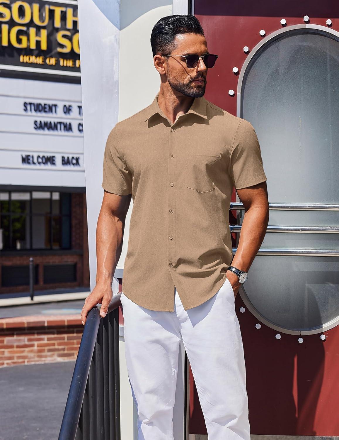 imageCOOFANDY Mens Wrinkle Free Shirts 2025 Short Sleeve Casual Button Down Summer Dress ShirtsCamel