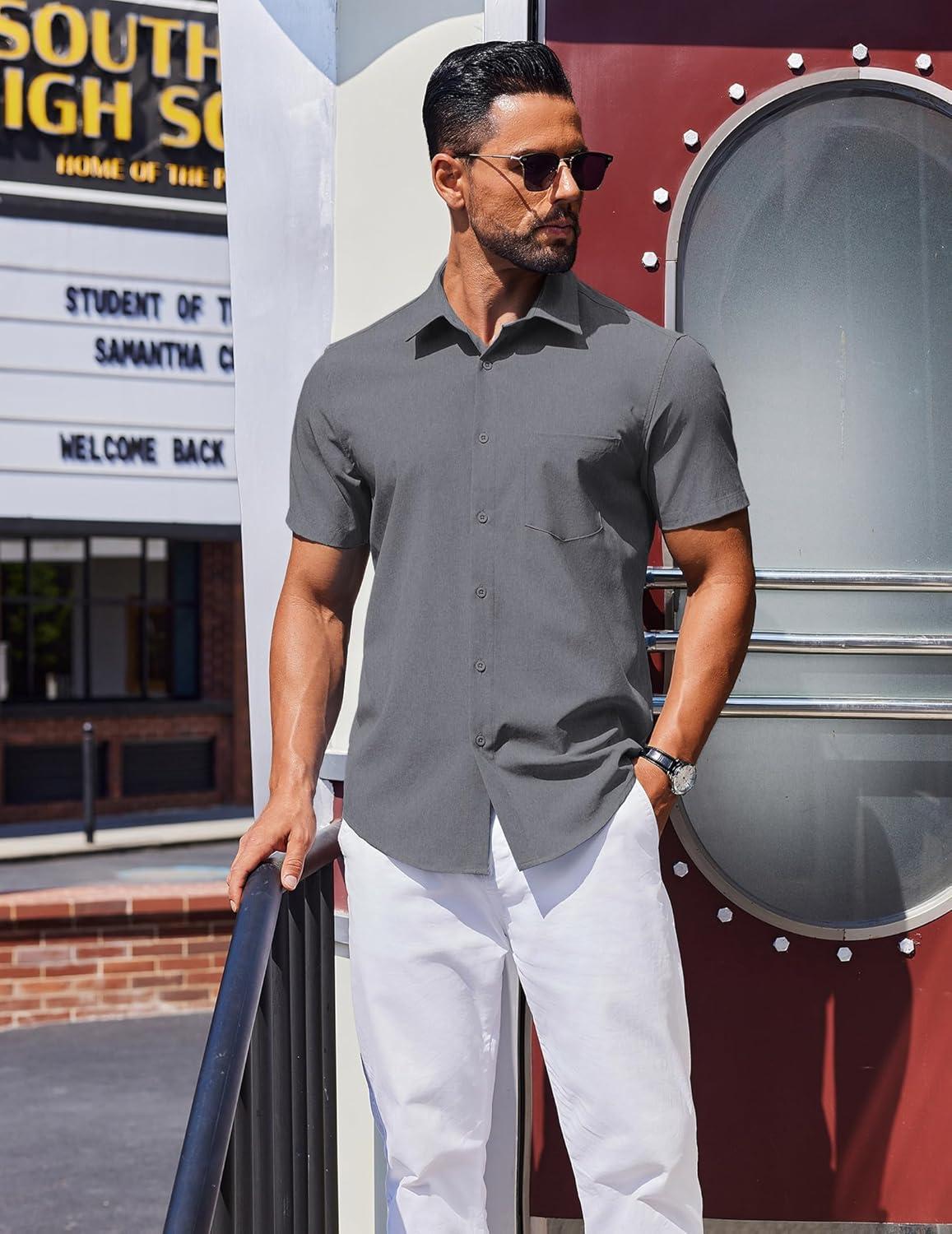 imageCOOFANDY Mens Wrinkle Free Shirts 2025 Short Sleeve Casual Button Down Summer Dress ShirtsDark Grey