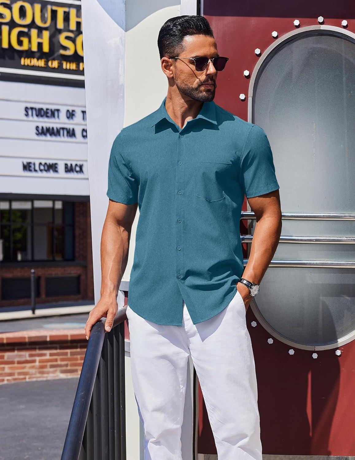 imageCOOFANDY Mens Wrinkle Free Shirts 2025 Short Sleeve Casual Button Down Summer Dress ShirtsDeep Blue