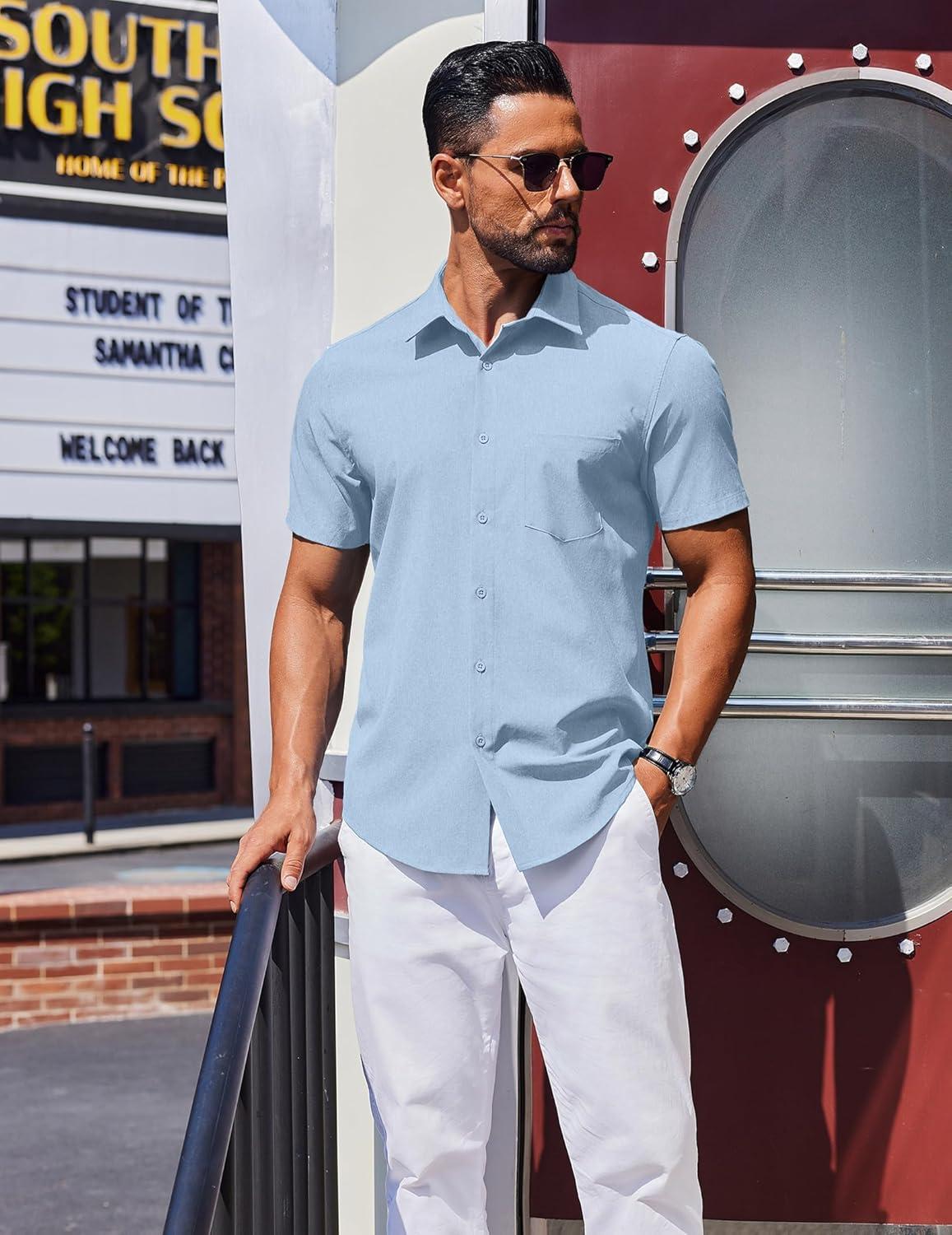 imageCOOFANDY Mens Wrinkle Free Shirts 2025 Short Sleeve Casual Button Down Summer Dress ShirtsLight Blue