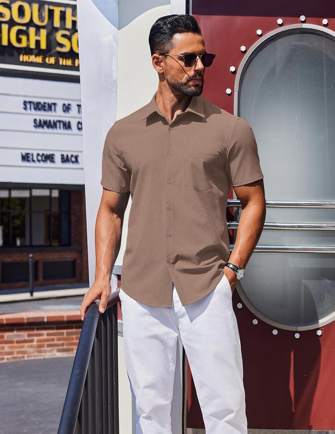 imageCOOFANDY Mens Wrinkle Free Shirts 2025 Short Sleeve Casual Button Down Summer Dress ShirtsLight Brown