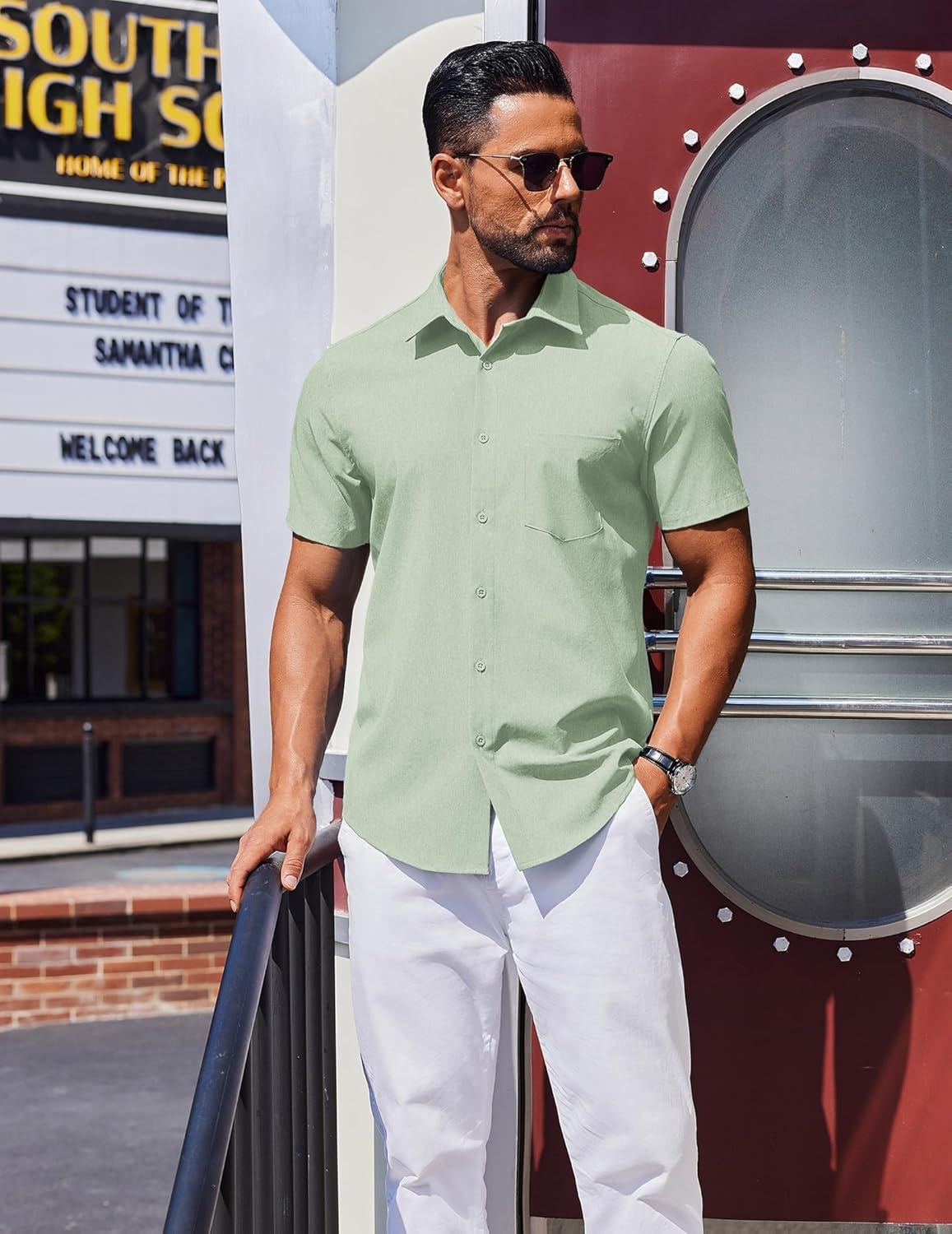 imageCOOFANDY Mens Wrinkle Free Shirts 2025 Short Sleeve Casual Button Down Summer Dress ShirtsLight Green