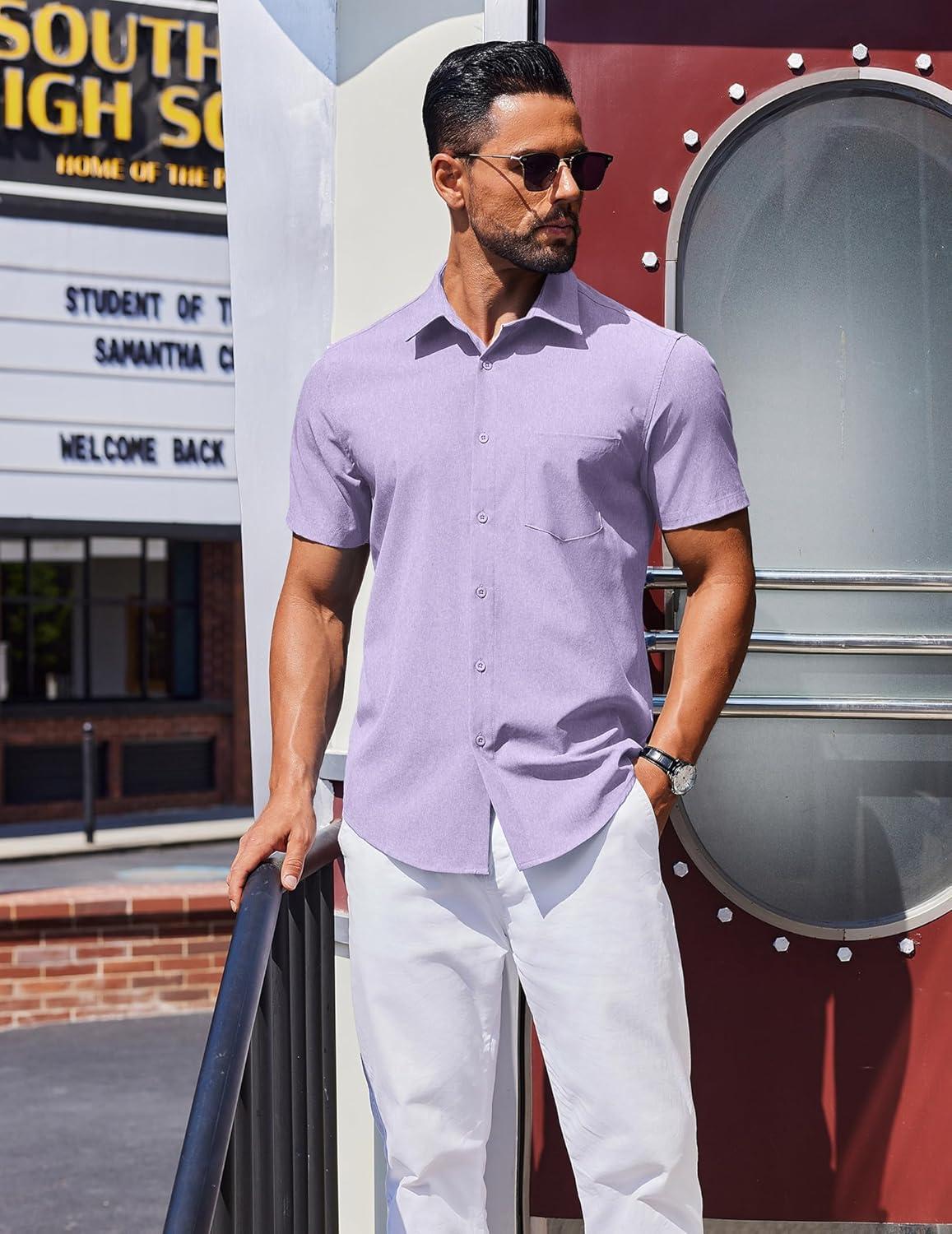 imageCOOFANDY Mens Wrinkle Free Shirts 2025 Short Sleeve Casual Button Down Summer Dress ShirtsLilac