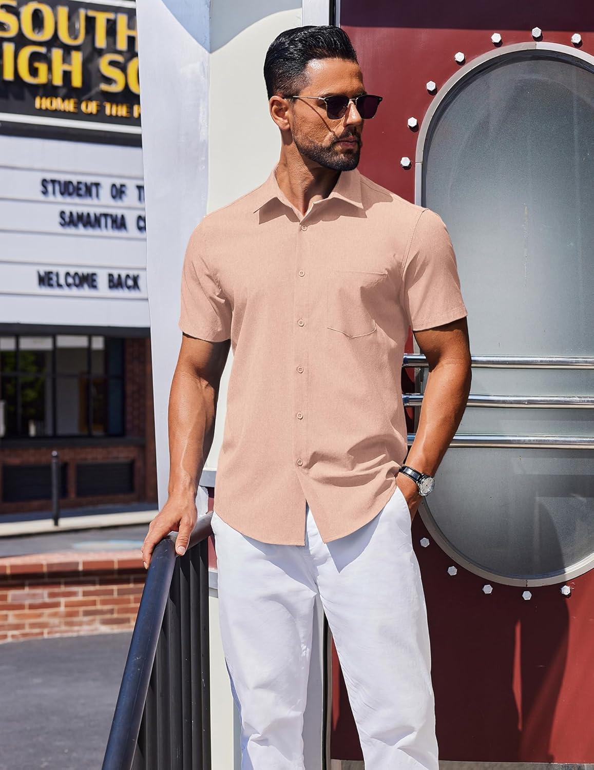 imageCOOFANDY Mens Wrinkle Free Shirts 2025 Short Sleeve Casual Button Down Summer Dress ShirtsOrangepink
