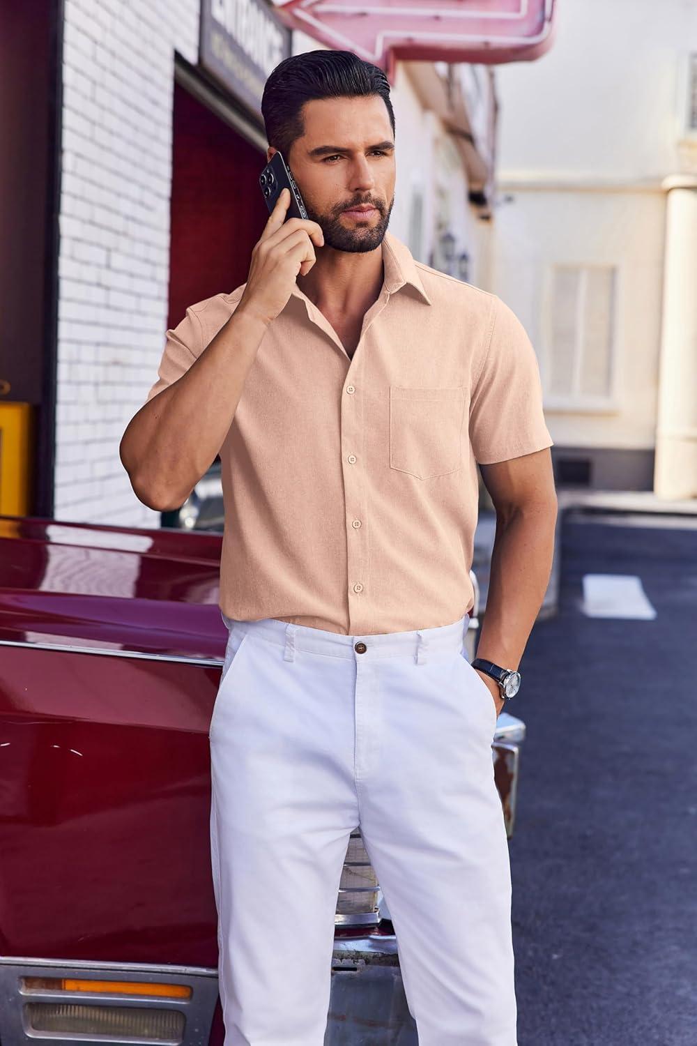 imageCOOFANDY Mens Wrinkle Free Shirts 2025 Short Sleeve Casual Button Down Summer Dress ShirtsOrangepink