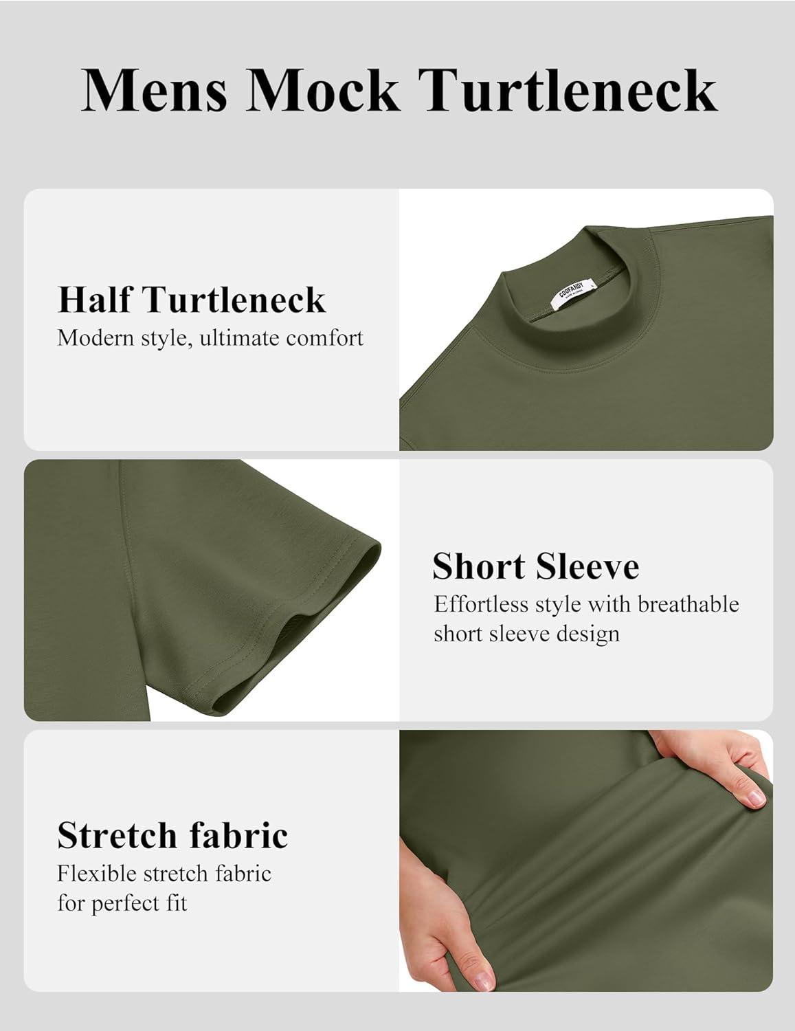 imageCOOFANDY Mock Turtleneck for Men Short Sleeve Casual Stylish Basic Top Stretch Sweater SkinFriendly MaterialArmy Green
