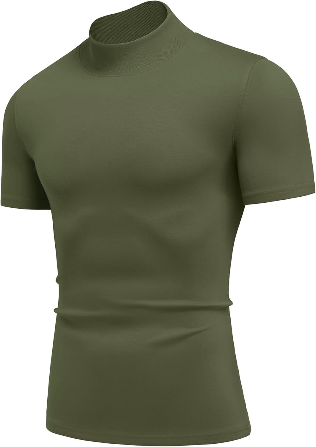 imageCOOFANDY Mock Turtleneck for Men Short Sleeve Casual Stylish Basic Top Stretch Sweater SkinFriendly MaterialArmy Green