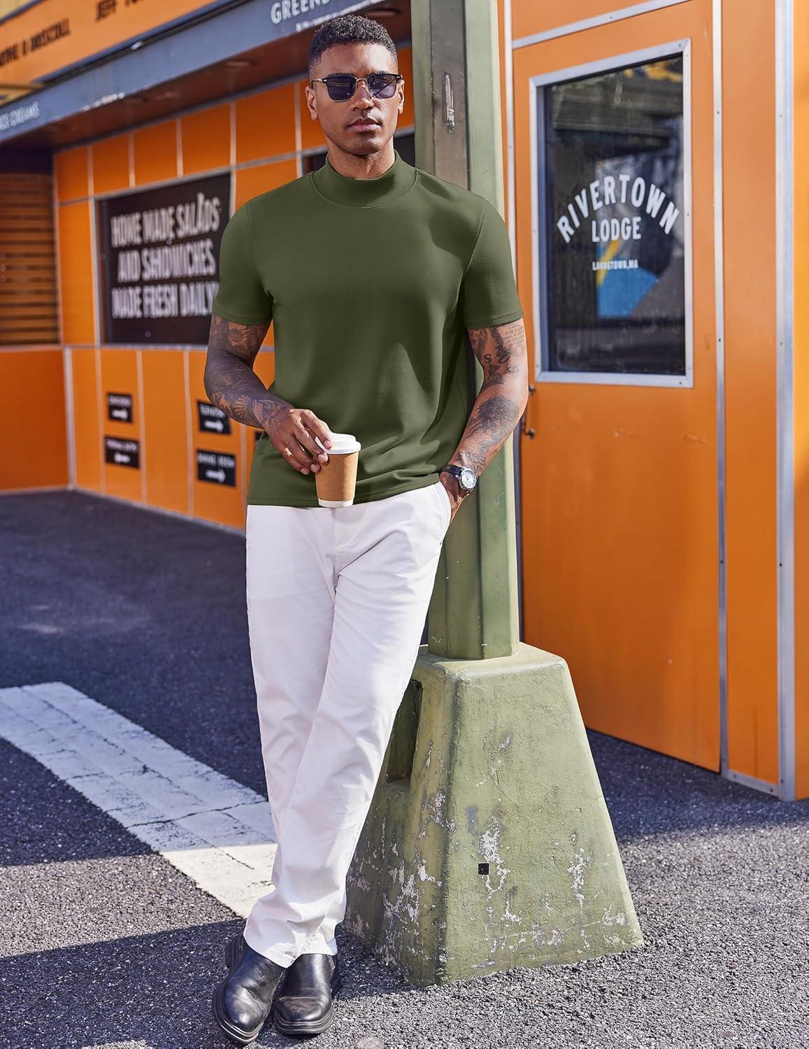 imageCOOFANDY Mock Turtleneck for Men Short Sleeve Casual Stylish Basic Top Stretch Sweater SkinFriendly MaterialArmy Green