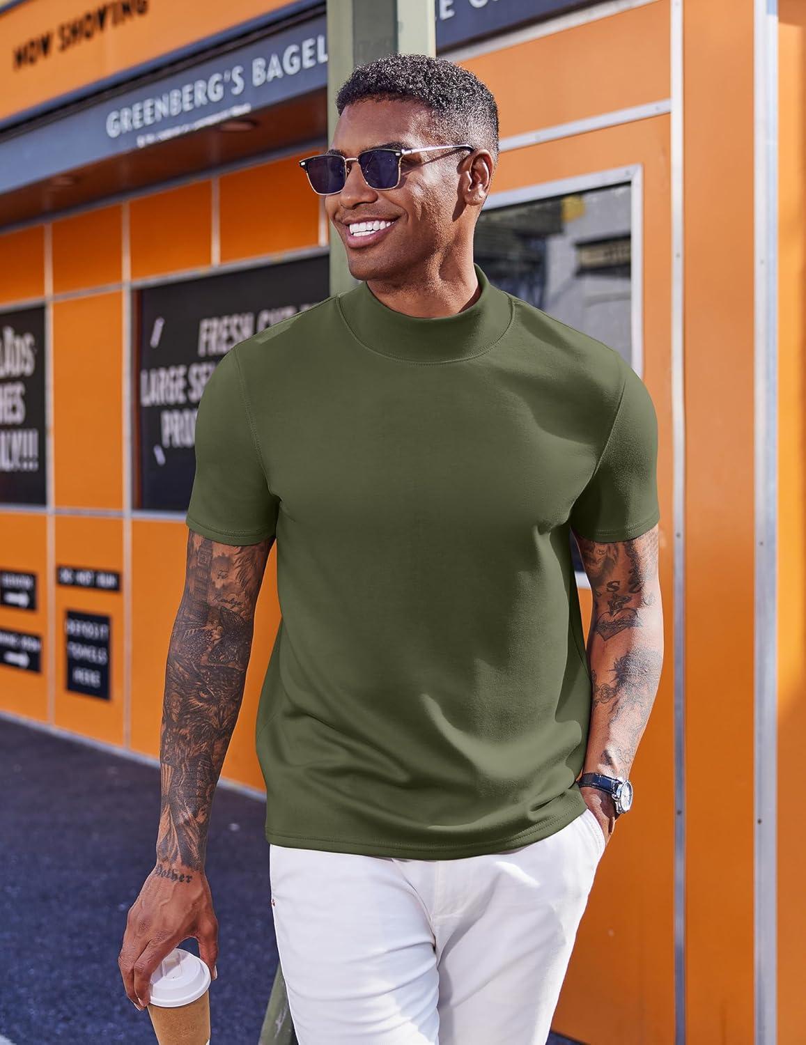 imageCOOFANDY Mock Turtleneck for Men Short Sleeve Casual Stylish Basic Top Stretch Sweater SkinFriendly MaterialArmy Green