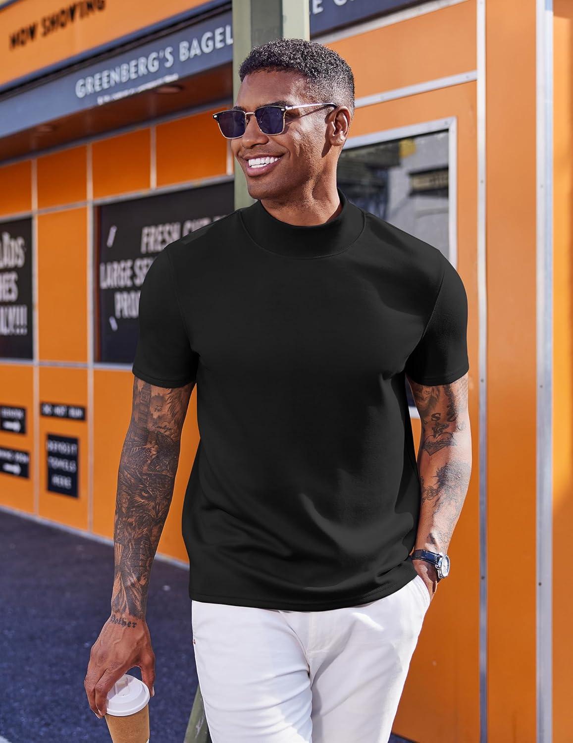 imageCOOFANDY Mock Turtleneck for Men Short Sleeve Casual Stylish Basic Top Stretch Sweater SkinFriendly MaterialBlack