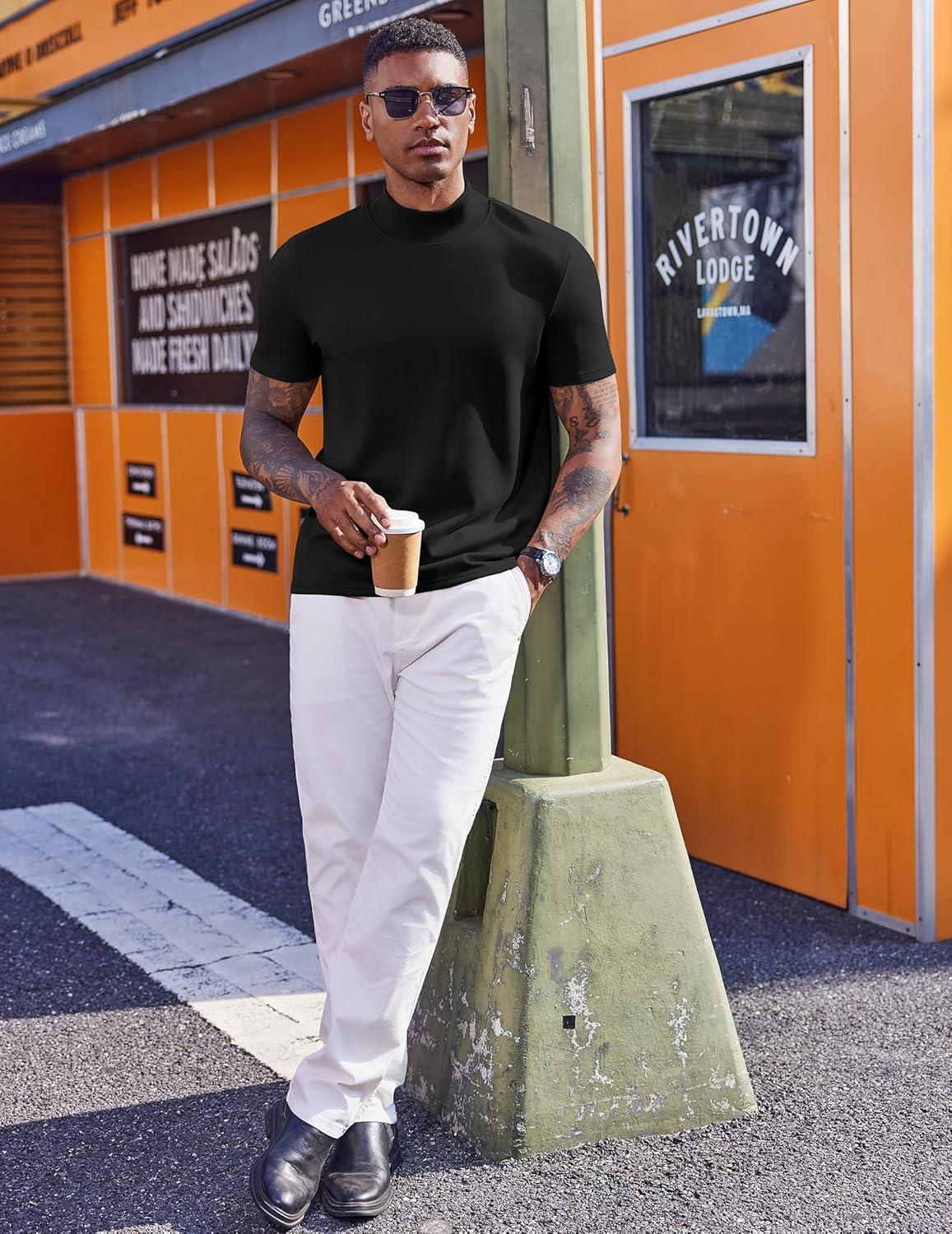 imageCOOFANDY Mock Turtleneck for Men Short Sleeve Casual Stylish Basic Top Stretch Sweater SkinFriendly MaterialBlack