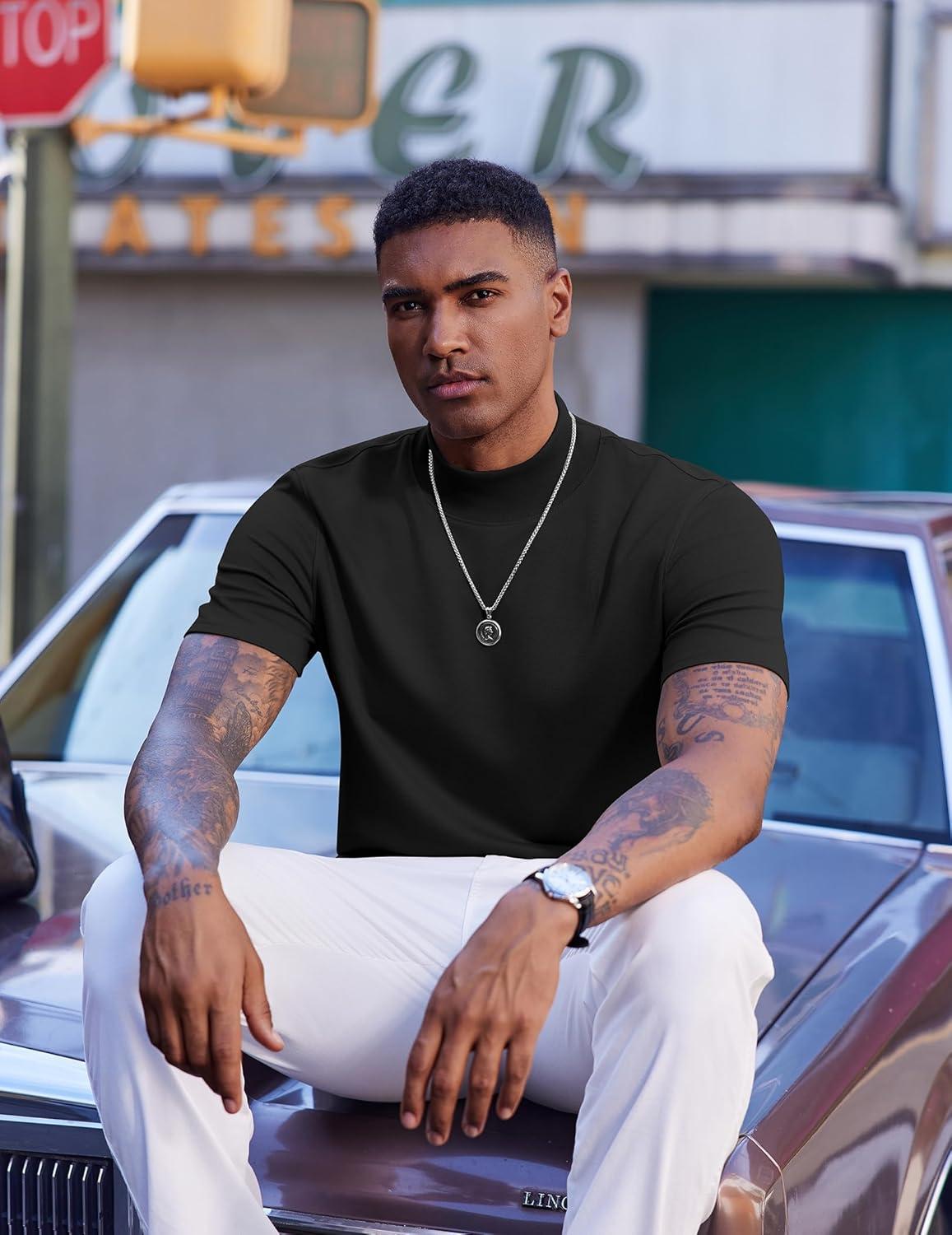imageCOOFANDY Mock Turtleneck for Men Short Sleeve Casual Stylish Basic Top Stretch Sweater SkinFriendly MaterialBlack