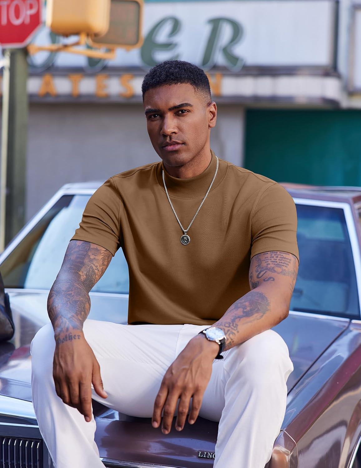 imageCOOFANDY Mock Turtleneck for Men Short Sleeve Casual Stylish Basic Top Stretch Sweater SkinFriendly MaterialBrown