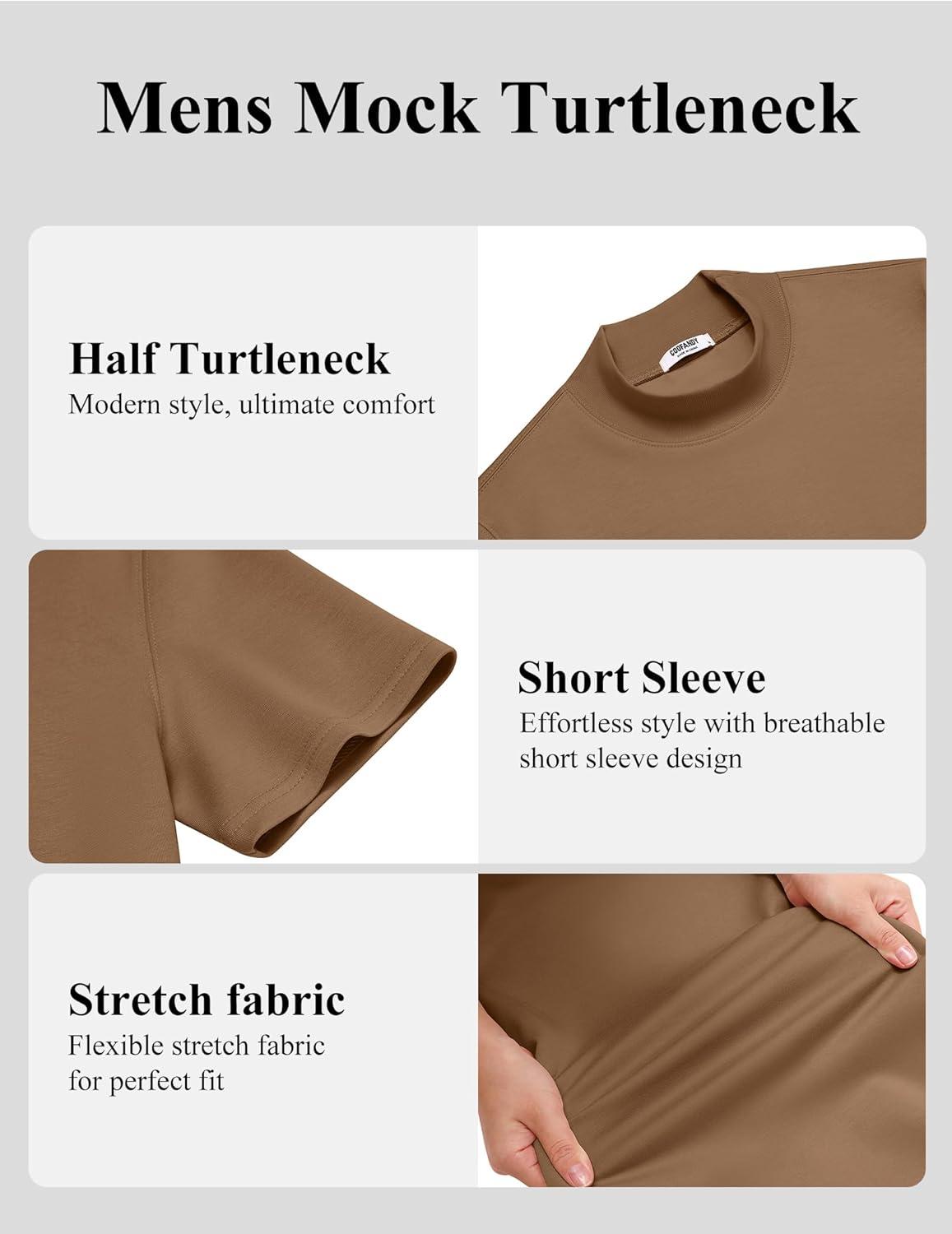 imageCOOFANDY Mock Turtleneck for Men Short Sleeve Casual Stylish Basic Top Stretch Sweater SkinFriendly MaterialBrown