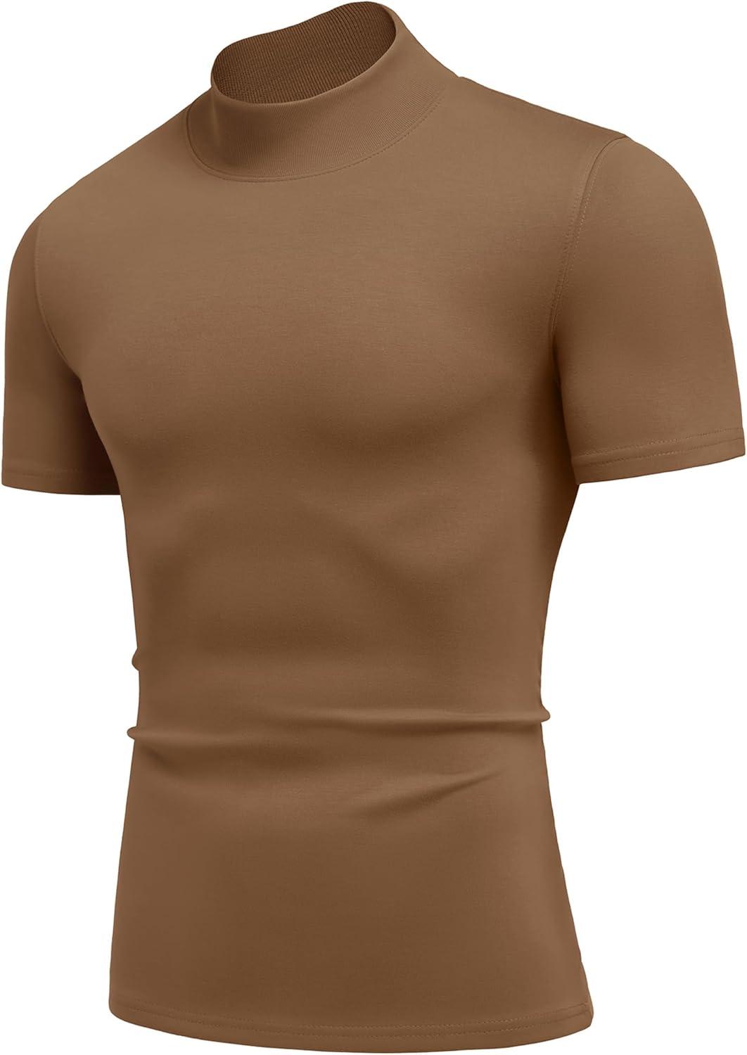 imageCOOFANDY Mock Turtleneck for Men Short Sleeve Casual Stylish Basic Top Stretch Sweater SkinFriendly MaterialBrown