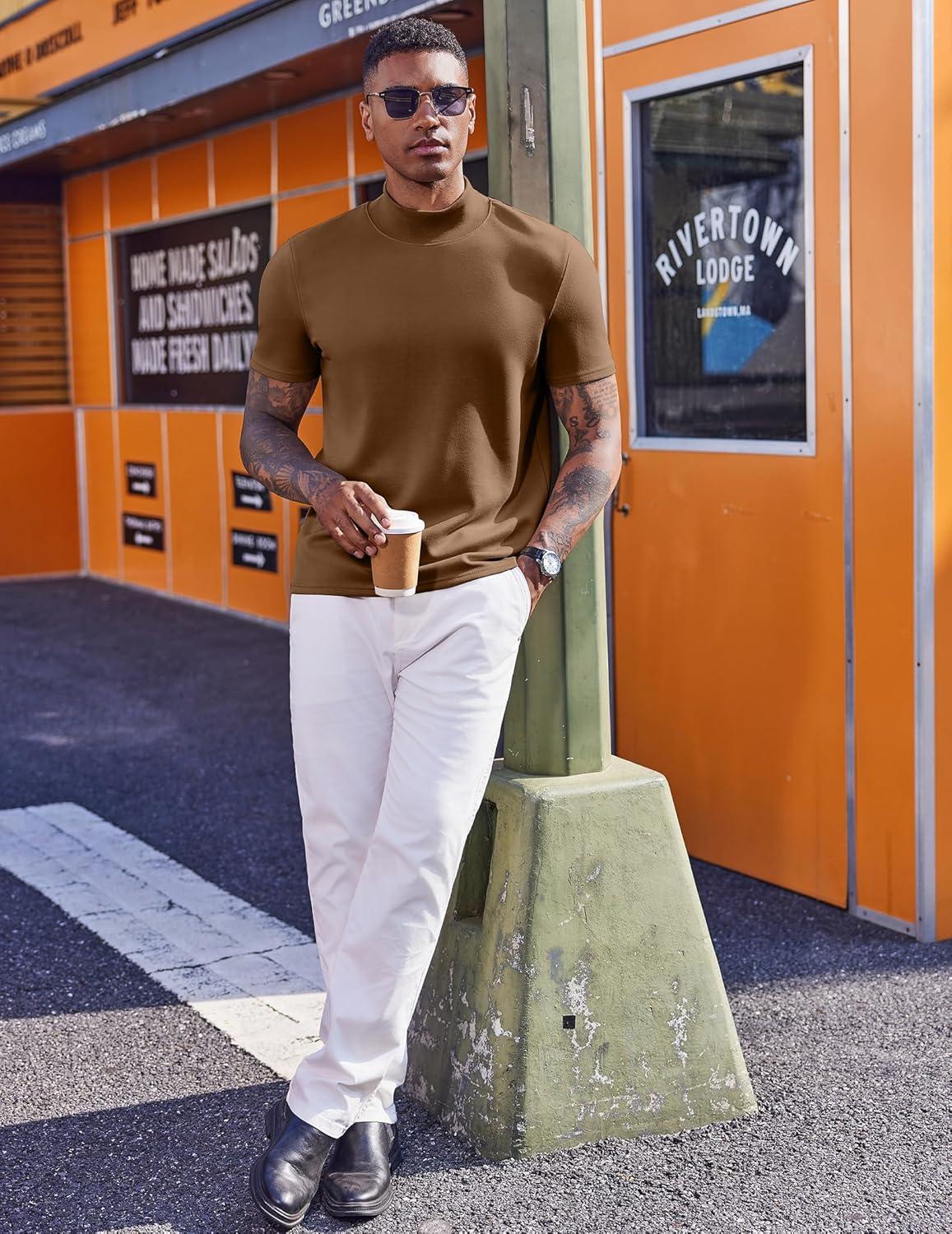 imageCOOFANDY Mock Turtleneck for Men Short Sleeve Casual Stylish Basic Top Stretch Sweater SkinFriendly MaterialBrown