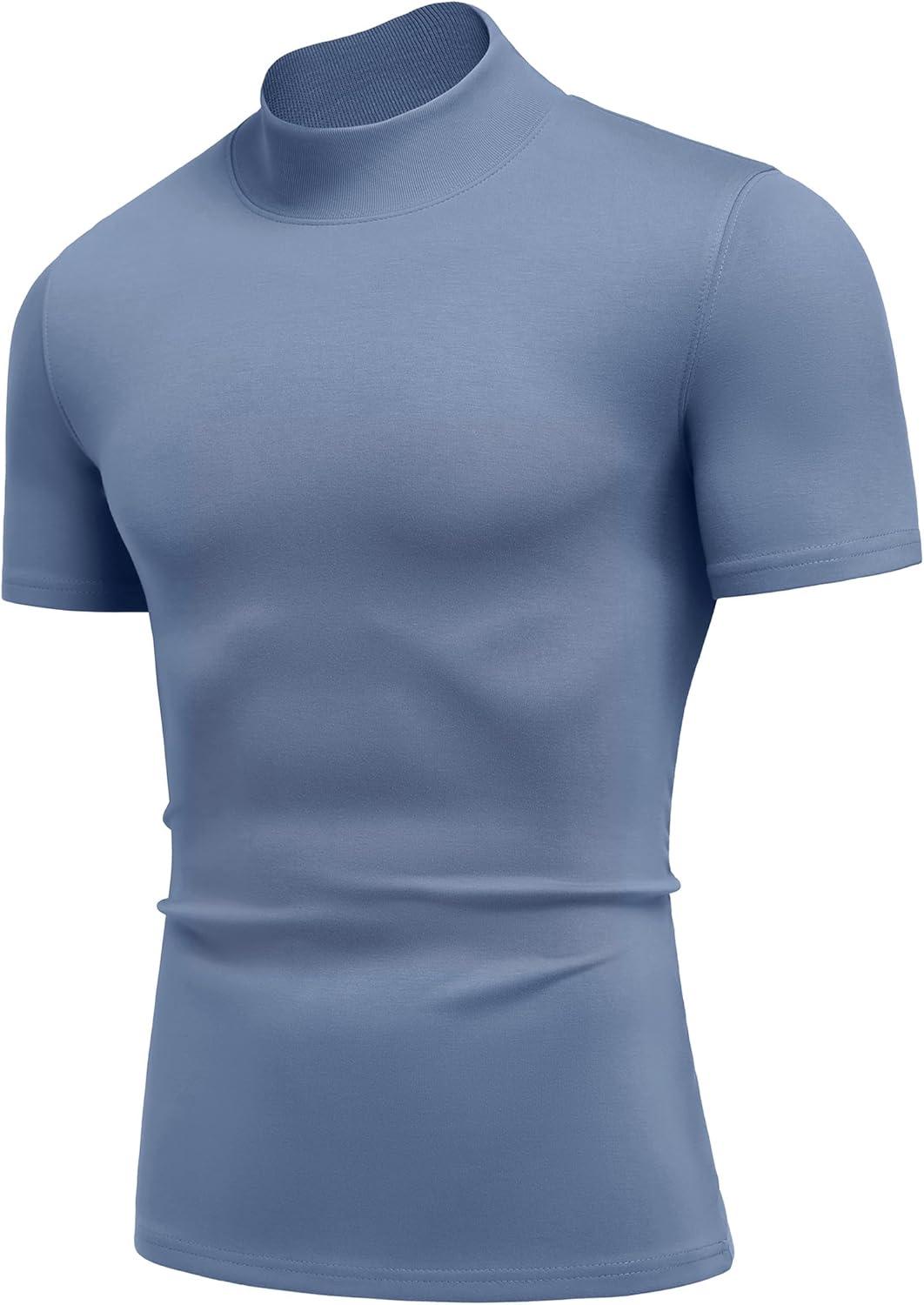 imageCOOFANDY Mock Turtleneck for Men Short Sleeve Casual Stylish Basic Top Stretch Sweater SkinFriendly MaterialDark Blue