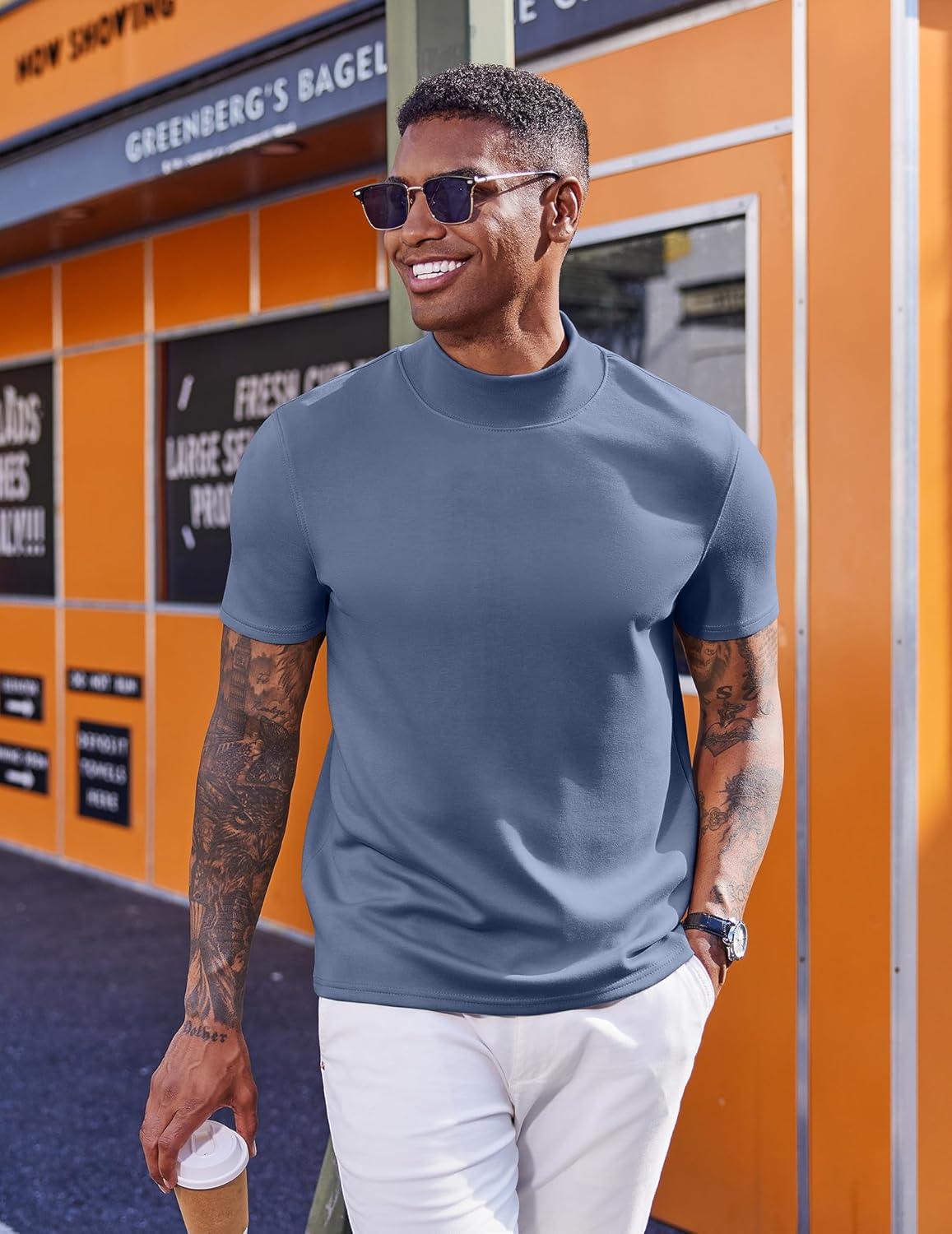 imageCOOFANDY Mock Turtleneck for Men Short Sleeve Casual Stylish Basic Top Stretch Sweater SkinFriendly MaterialDark Blue