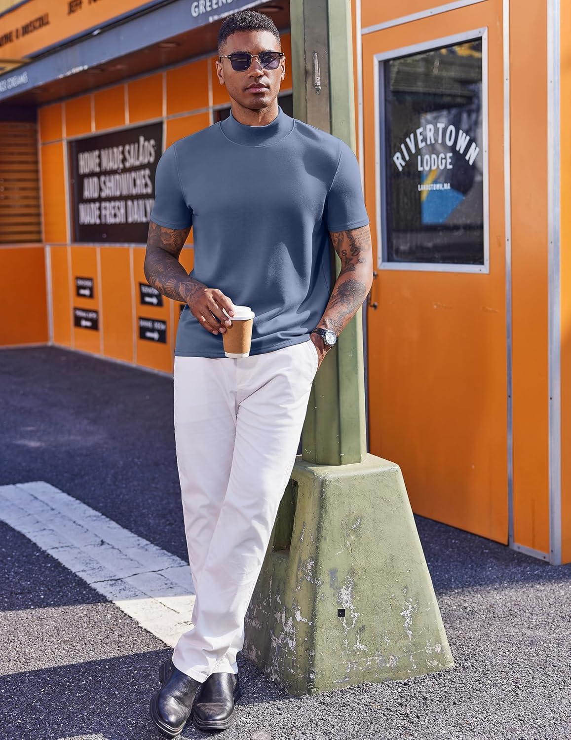 imageCOOFANDY Mock Turtleneck for Men Short Sleeve Casual Stylish Basic Top Stretch Sweater SkinFriendly MaterialDark Blue